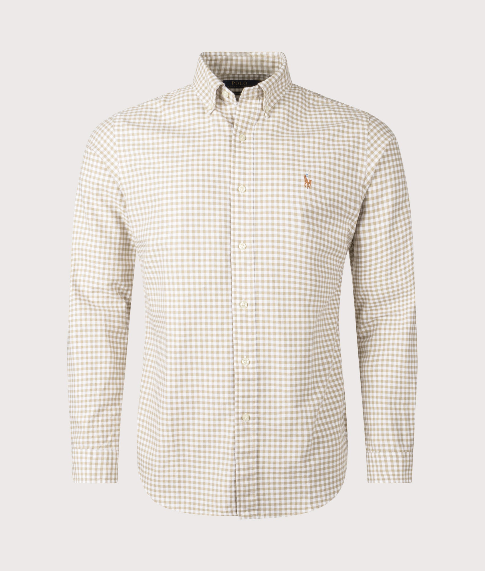 Polo Ralph Lauren Custom Fit Gingham Oxford Shirt in Coastal Beige and White at EQVVS Menswear. Front shot.
