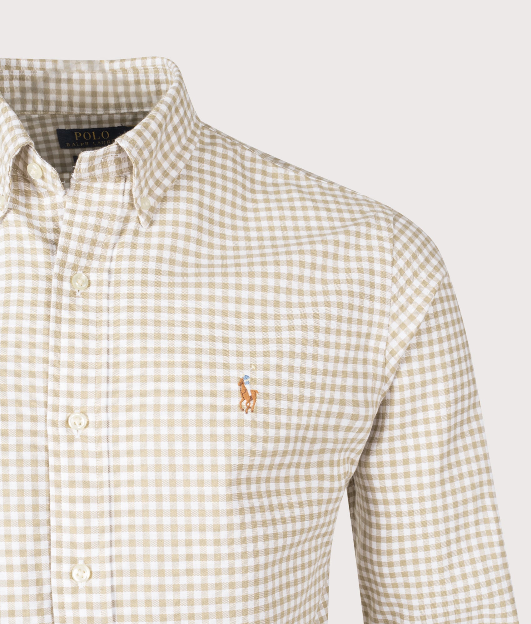 Polo Ralph Lauren Custom Fit Gingham Oxford Shirt in Coastal Beige and White at EQVVS Menswear. Detail shot.