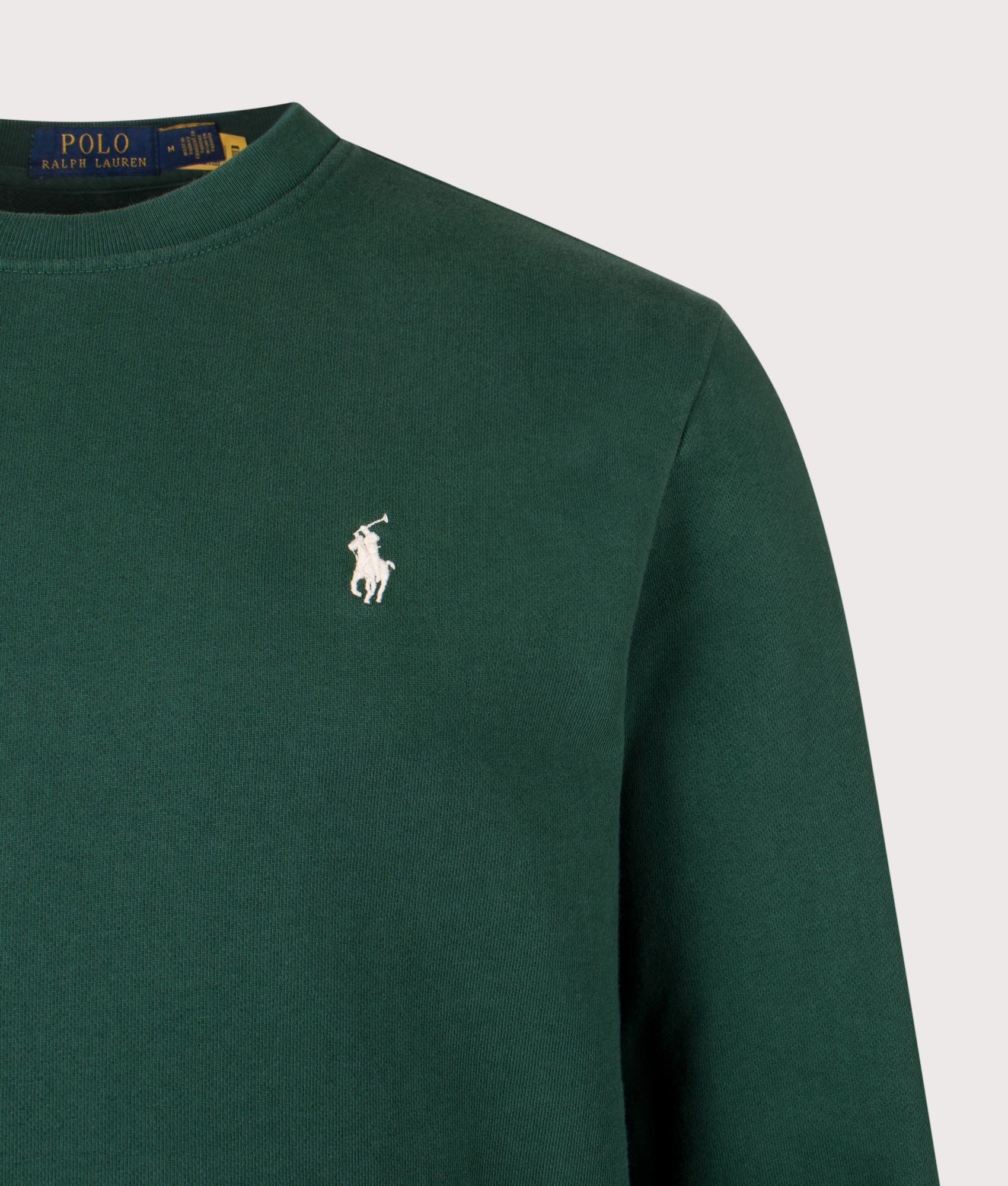 Polo Ralph Lauren Loopback Terry Sweatshirt in Vintage Pine at EQVVS Menswear. Front detail shot.