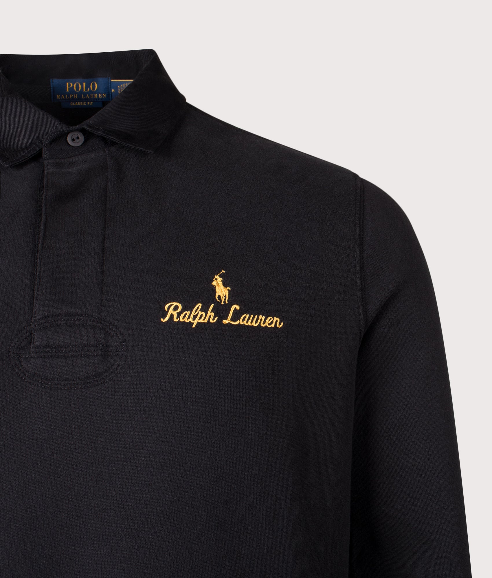 Polo Ralph Lauren The RL Logo Rugby Shirt in Black at EQVVS Menswear. Detail shot.