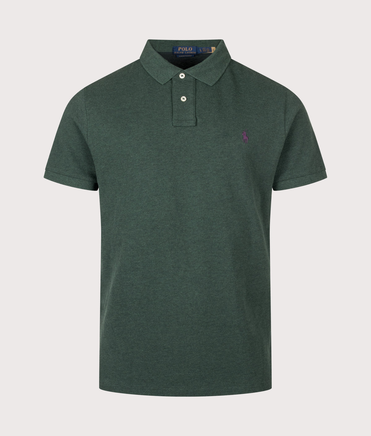 Polo Ralph Lauren Custom Slim Fit Mesh Polo Shirt in Scotch Pine Heather at EQVVS Menswear. Front shot.