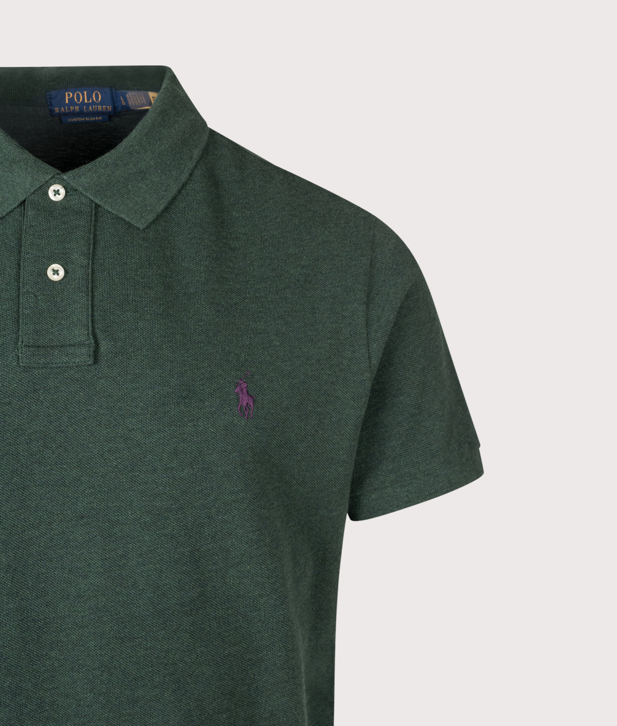 Polo Ralph Lauren Custom Slim Fit Mesh Polo Shirt in Scotch Pine Heather at EQVVS Menswear. Detail shot.