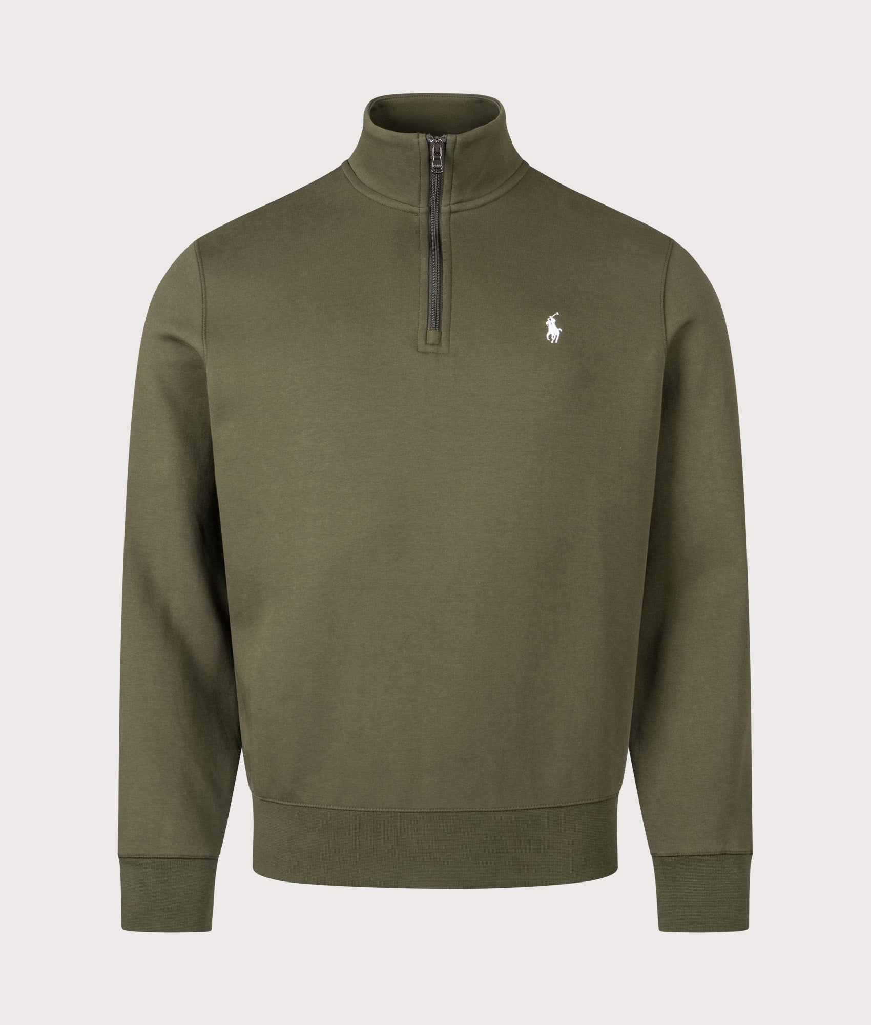 Polo Ralph Lauren Double-Knit Quarter-Zip Jumper in Company Olive at EQVVS Menswear. Front shot.