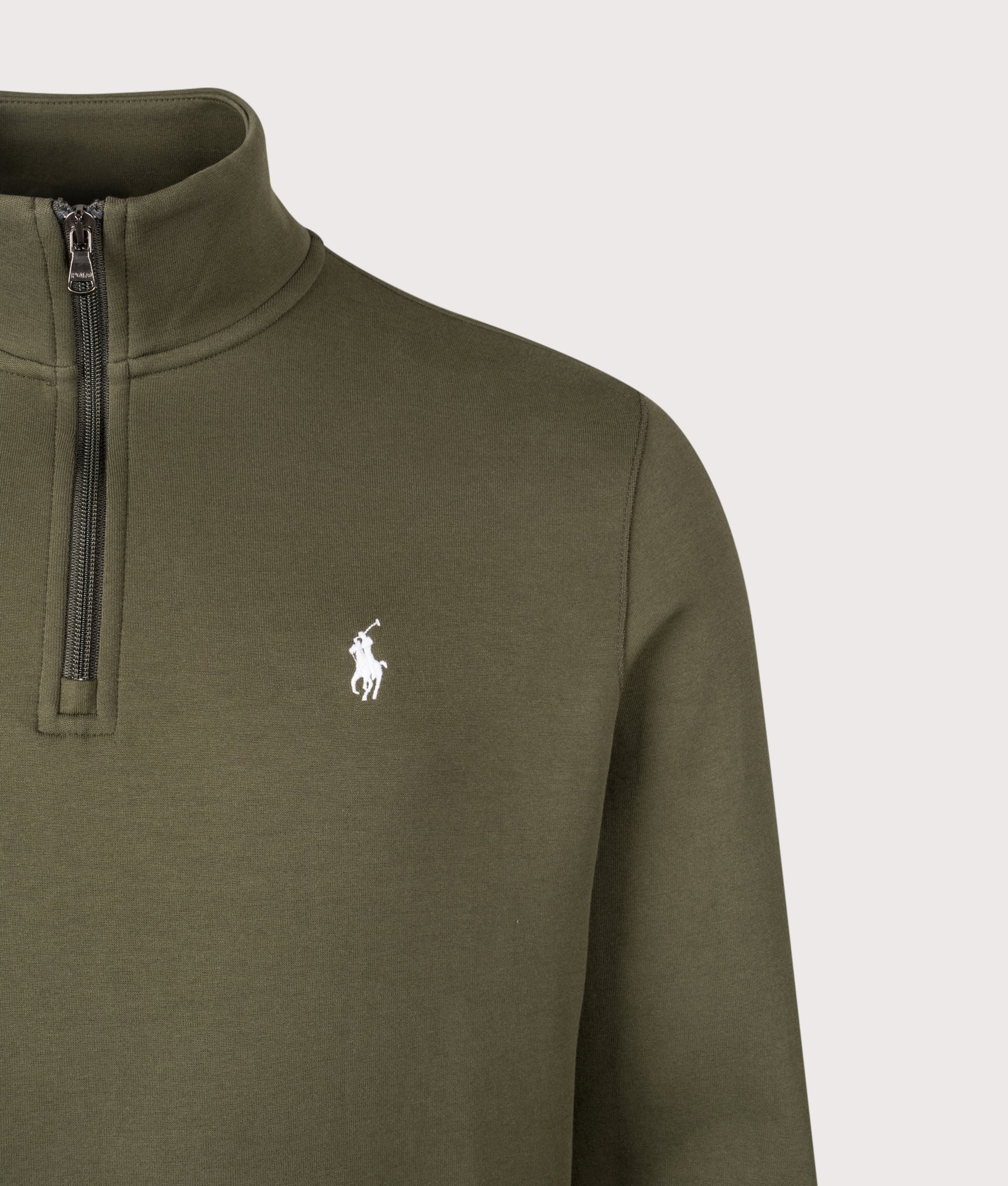 Polo Ralph Lauren Double-Knit Quarter-Zip Jumper in Company Olive at EQVVS Menswear. Detail shot. 