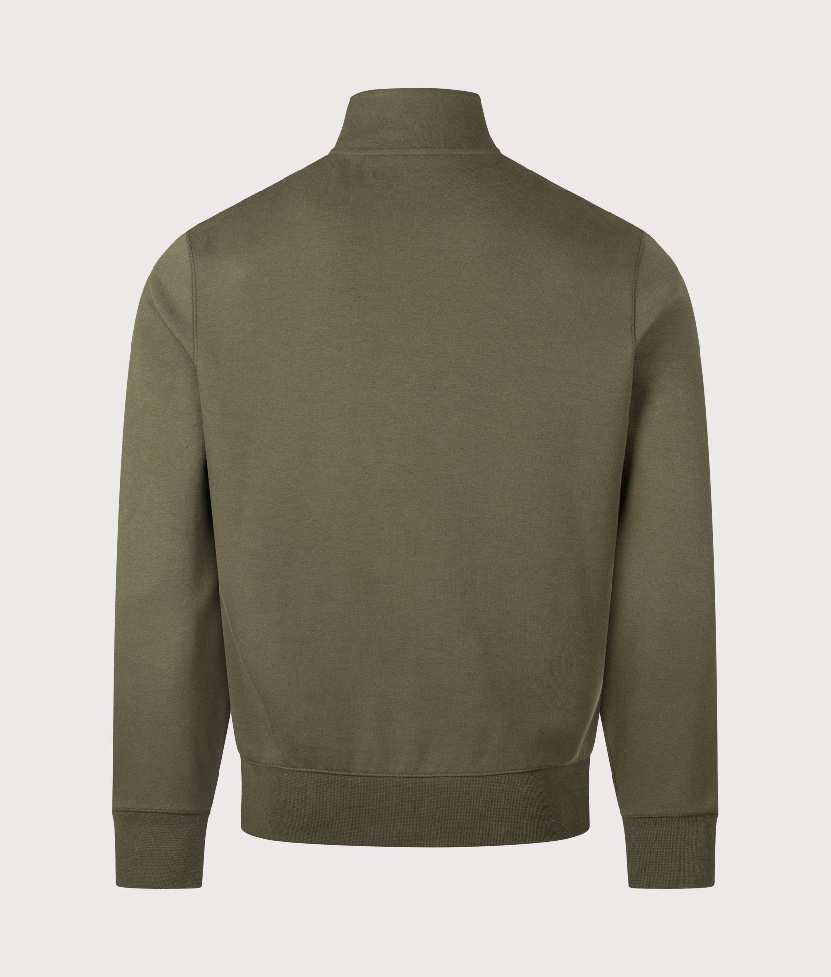 Polo Ralph Lauren Double-Knit Quarter-Zip Jumper in Company Olive at EQVVS Menswear. Back shot.