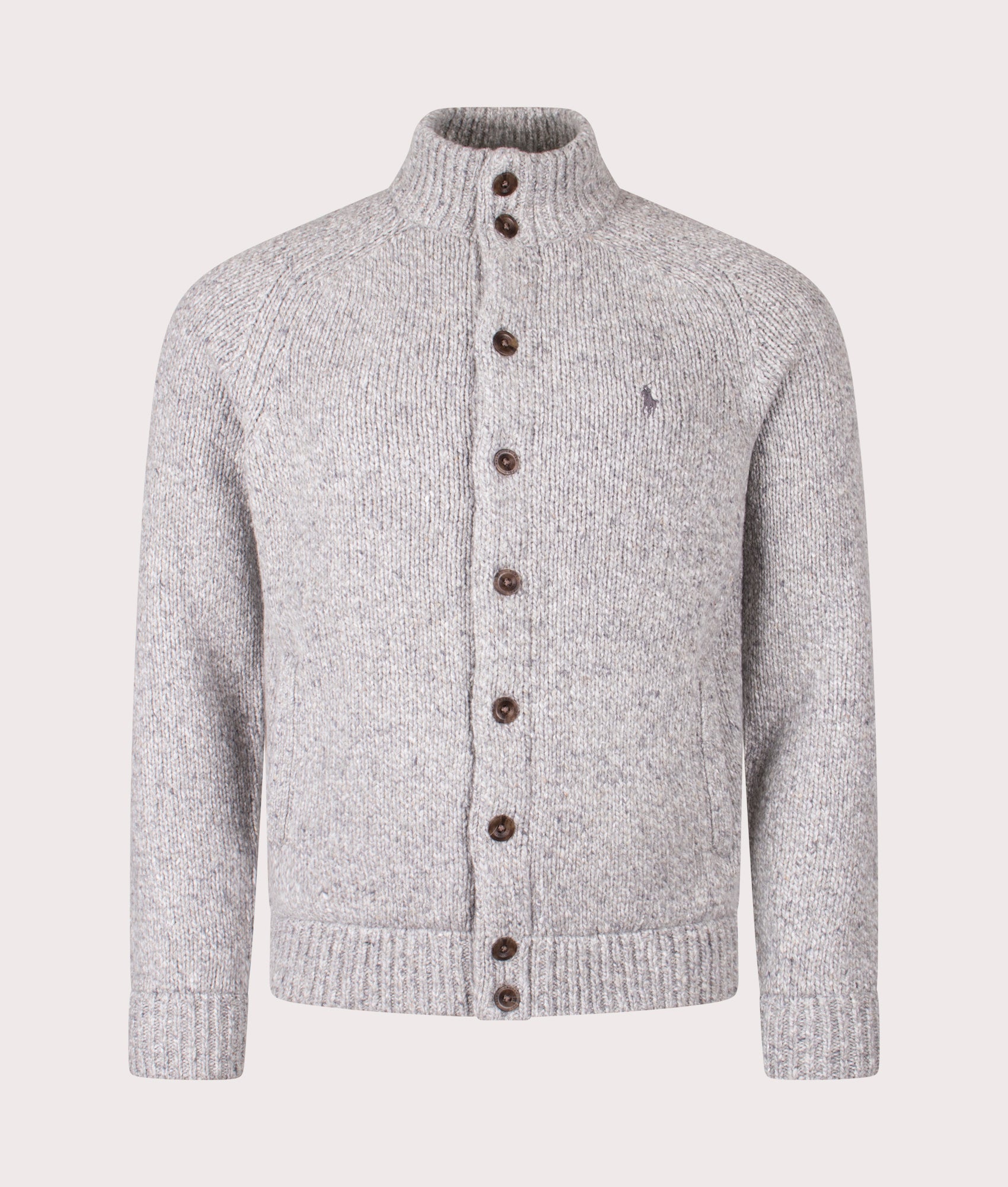 Polo Ralph Lauren Wool-Blend Mockneck Cardigan in Marl Grey at EQVVS Menswear. Front shot
