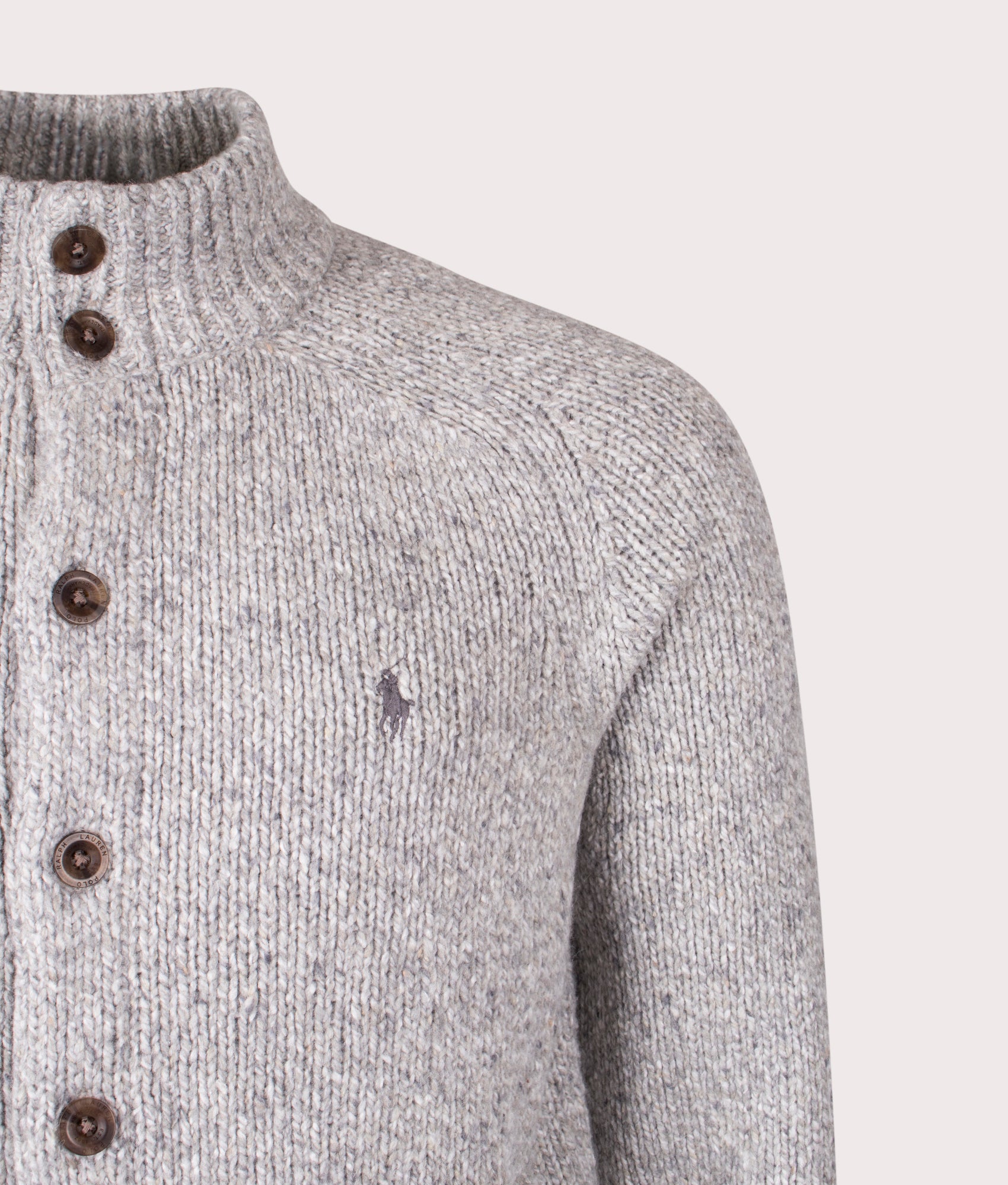 Polo Ralph Lauren Wool-Blend Mockneck Cardigan in Marl Grey at EQVVS Menswear. Detail shot