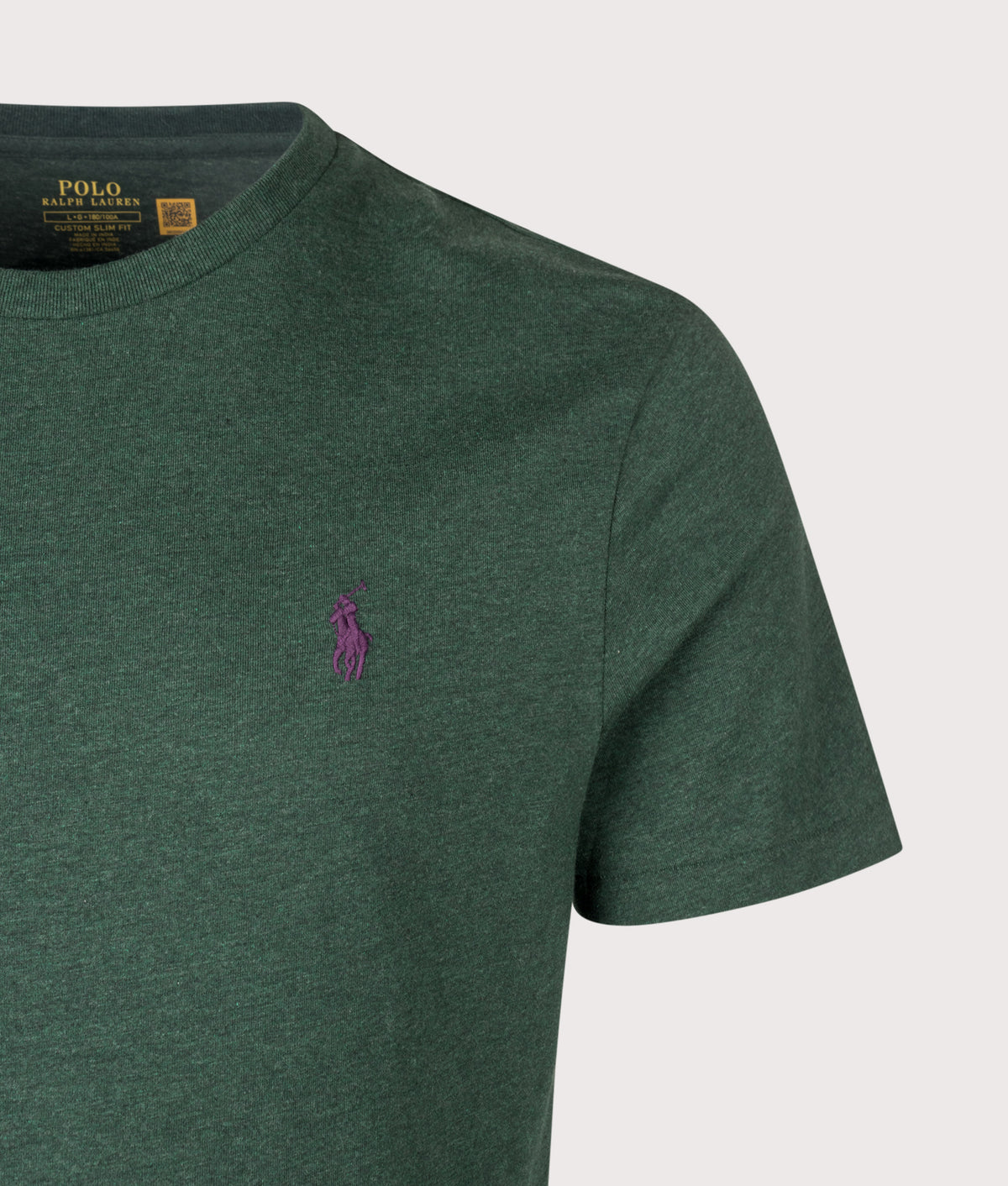 Polo Ralph Lauren Custom Slim Fit Jersey T-Shirt in Scotch Pine Heather at EQVVS Menswear. Detail shot.