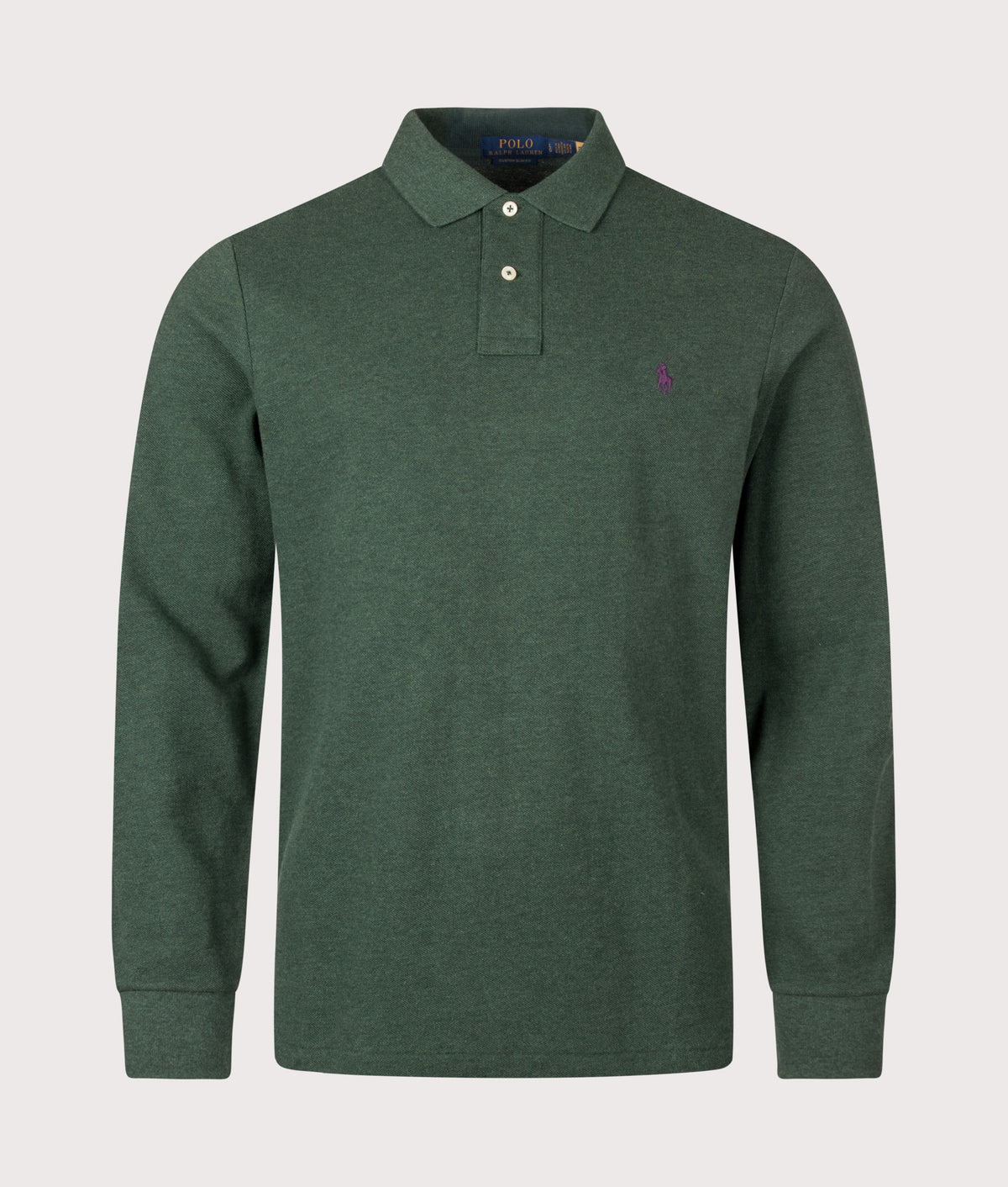Polo Ralph Lauren Custom Slim Fit Long Sleeve Polo Shirt in Scotch Pine Heather at EQVVS Menswear. Front shot.