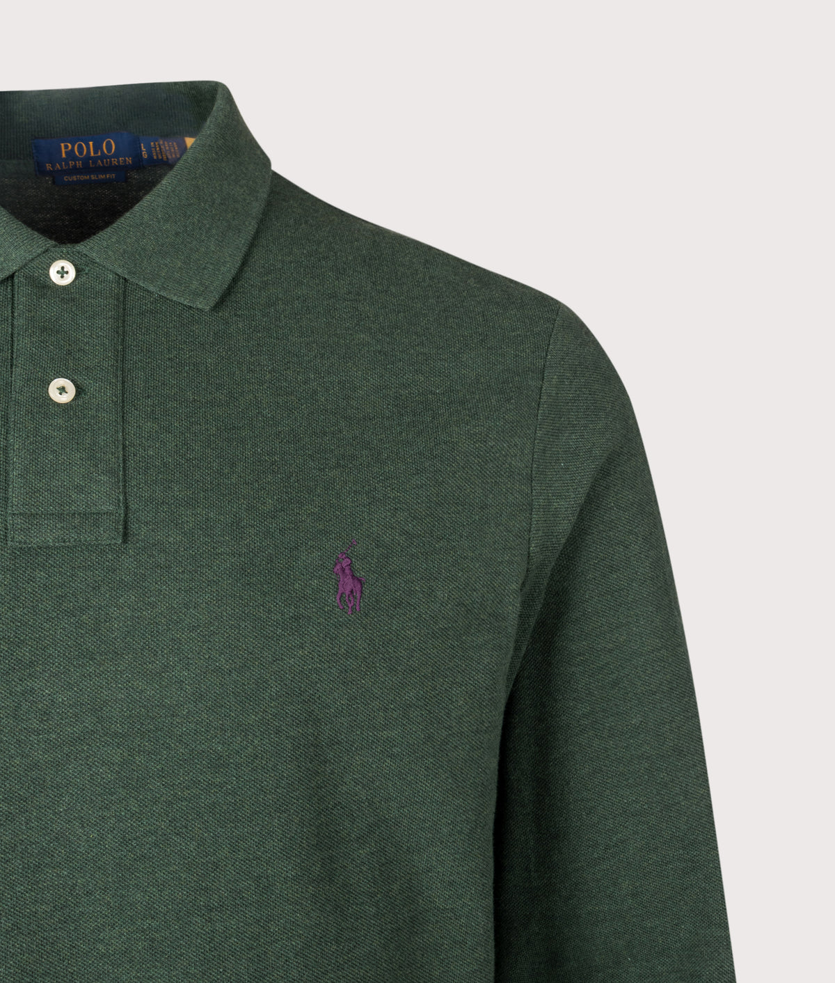 Polo Ralph Lauren Custom Slim Fit Long Sleeve Polo Shirt in Scotch Pine Heather at EQVVS Menswear. Detail shot.
