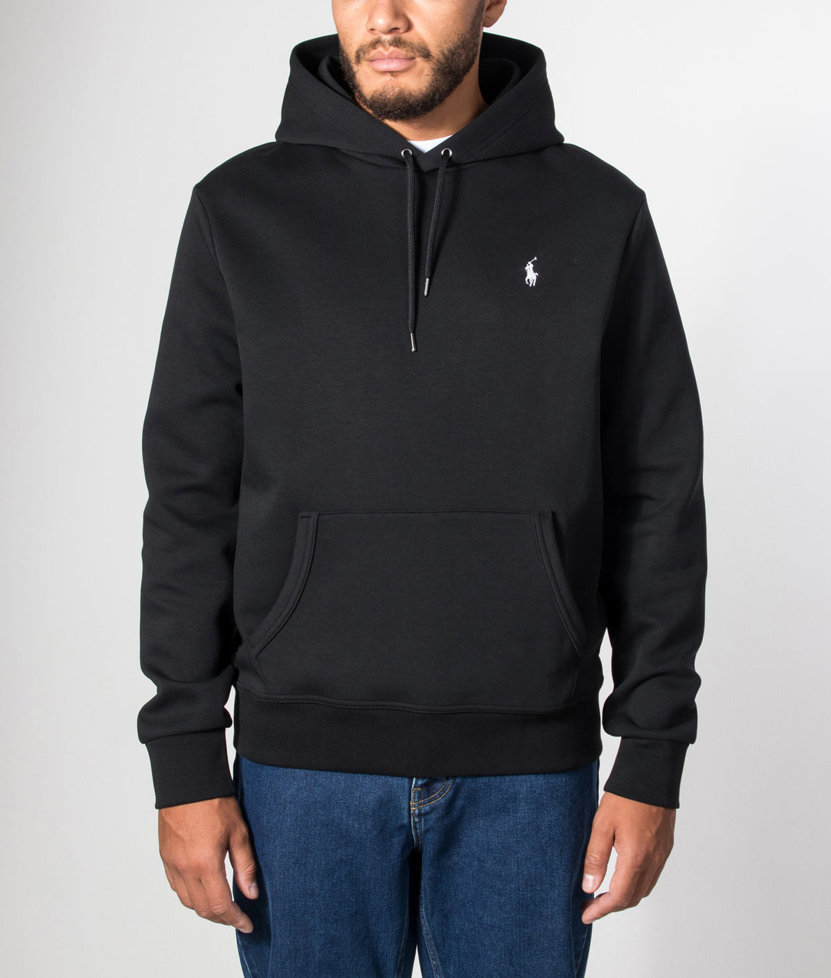 Polo Ralph Lauren Double Knit Hoodie in  Polo Black at EQVVS Menswear. Model front shot.