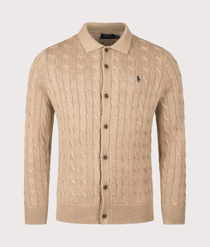 Cable Knit Wool Cardigan in Camel Melange. 100% Cotton | Polo Ralph Lauren | EQVVS | Front shot 