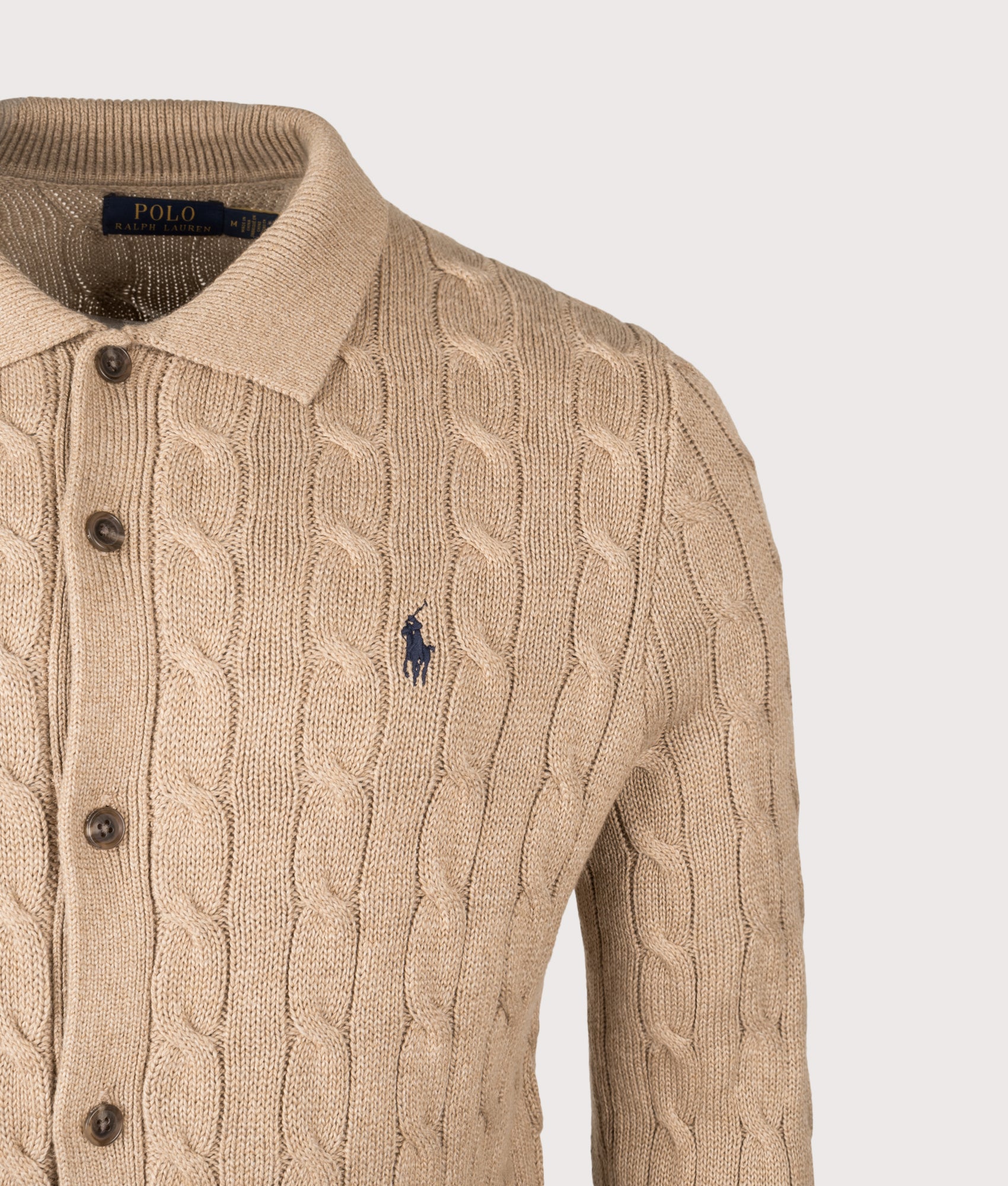 Cable Knit Wool Cardigan in Camel Melange. 100% Cotton | Polo Ralph Lauren | EQVVS | Front detail shot 