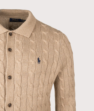 Cable Knit Wool Cardigan in Camel Melange. 100% Cotton | Polo Ralph Lauren | EQVVS | Front detail shot 
