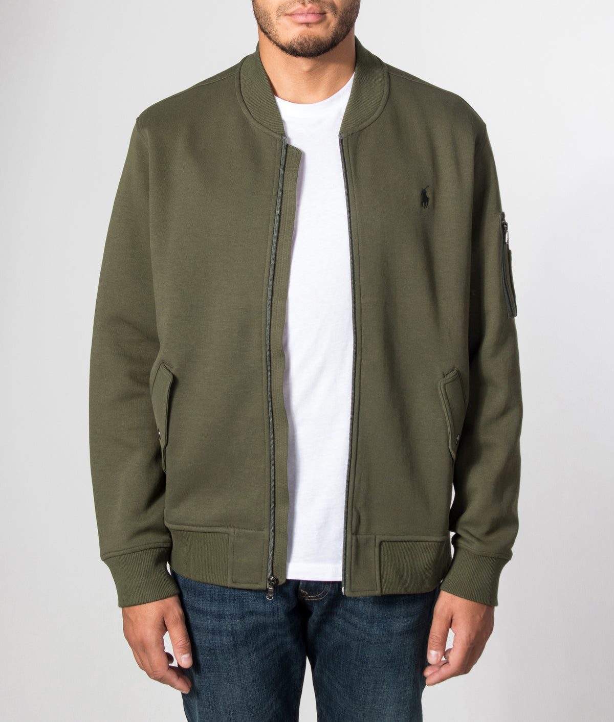 Polo Ralph Lauren Double Knit Bomber Jacket in Company Olive at EQVVS Menswear. Model front shot.