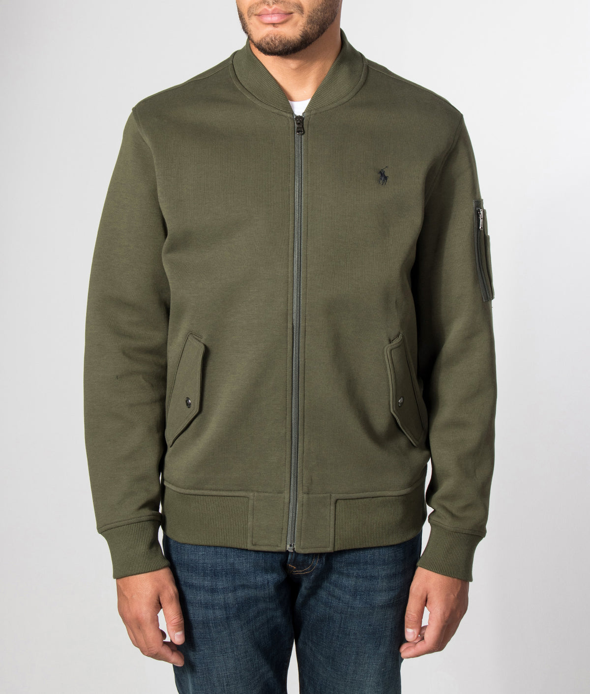 Polo Ralph Lauren Double Knit Bomber Jacket in Company Olive at EQVVS Menswear. Model front shot.