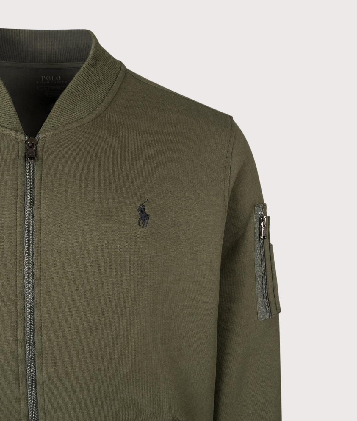 Polo Ralph Lauren Double Knit Bomber Jacket in Company Olive at EQVVS Menswear. Detail shot.