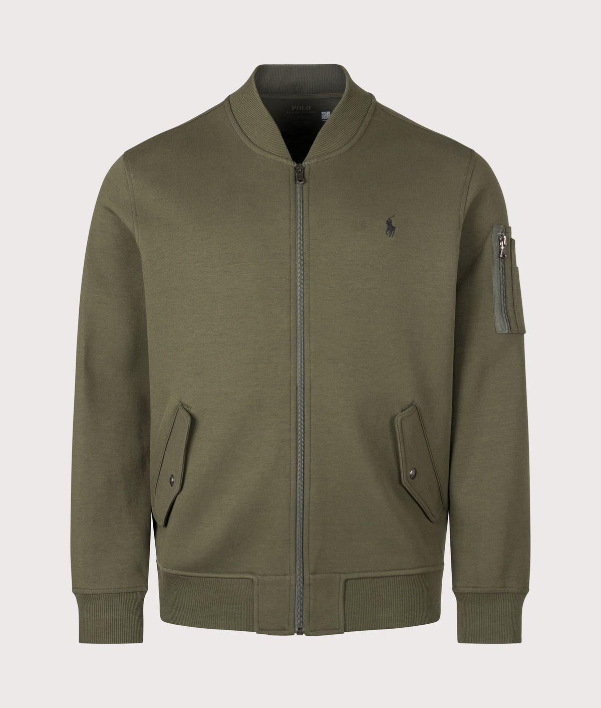Polo Ralph Lauren Double Knit Bomber Jacket in Company Olive at EQVVS Menswear. Front shot.