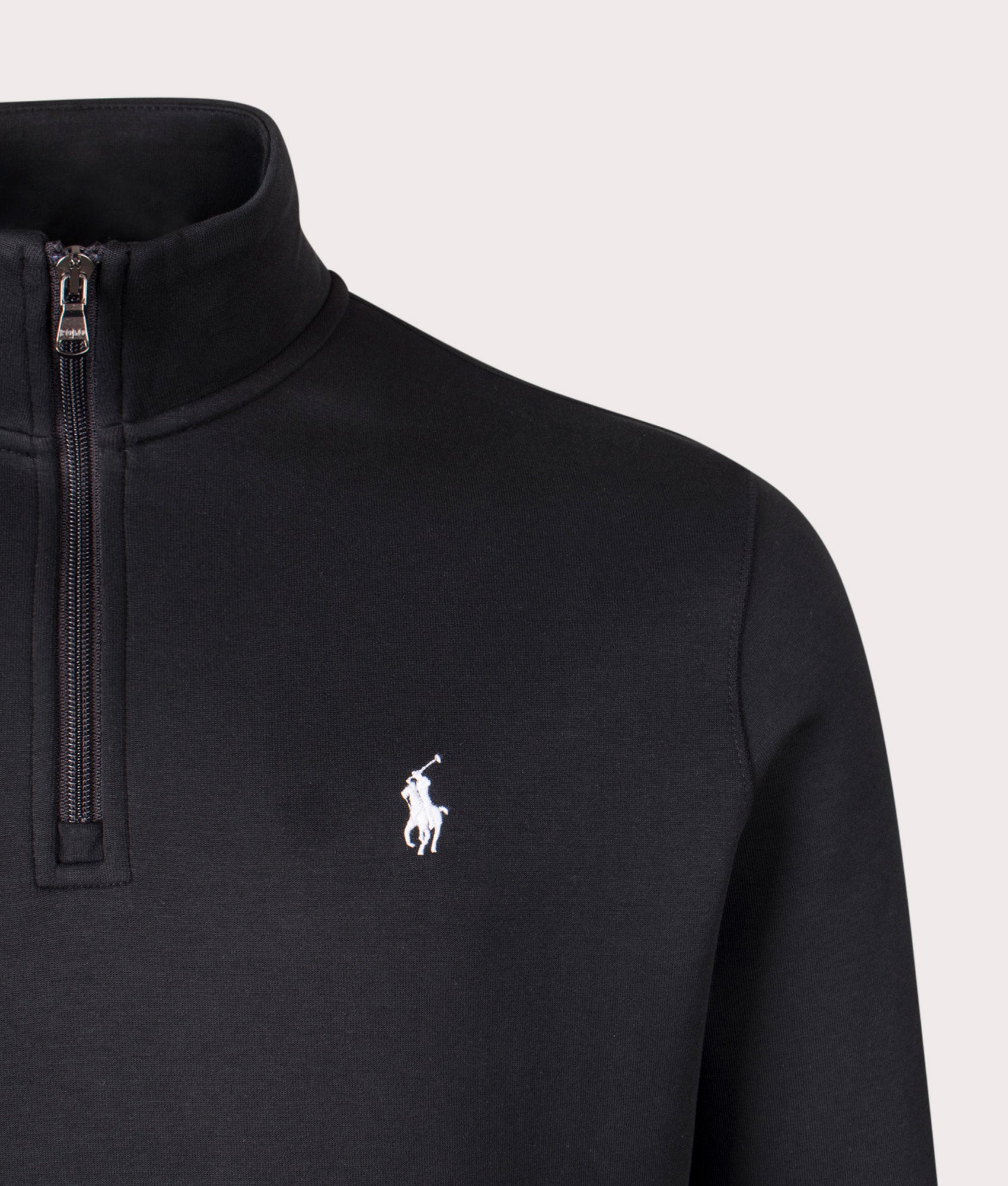 Double Knit Quarter Zip Sweatshirt in Polo Black. 66% Cotton, 34% Polyester | Polo Ralph Lauren | Shot at EQVVS | Front detail shot 