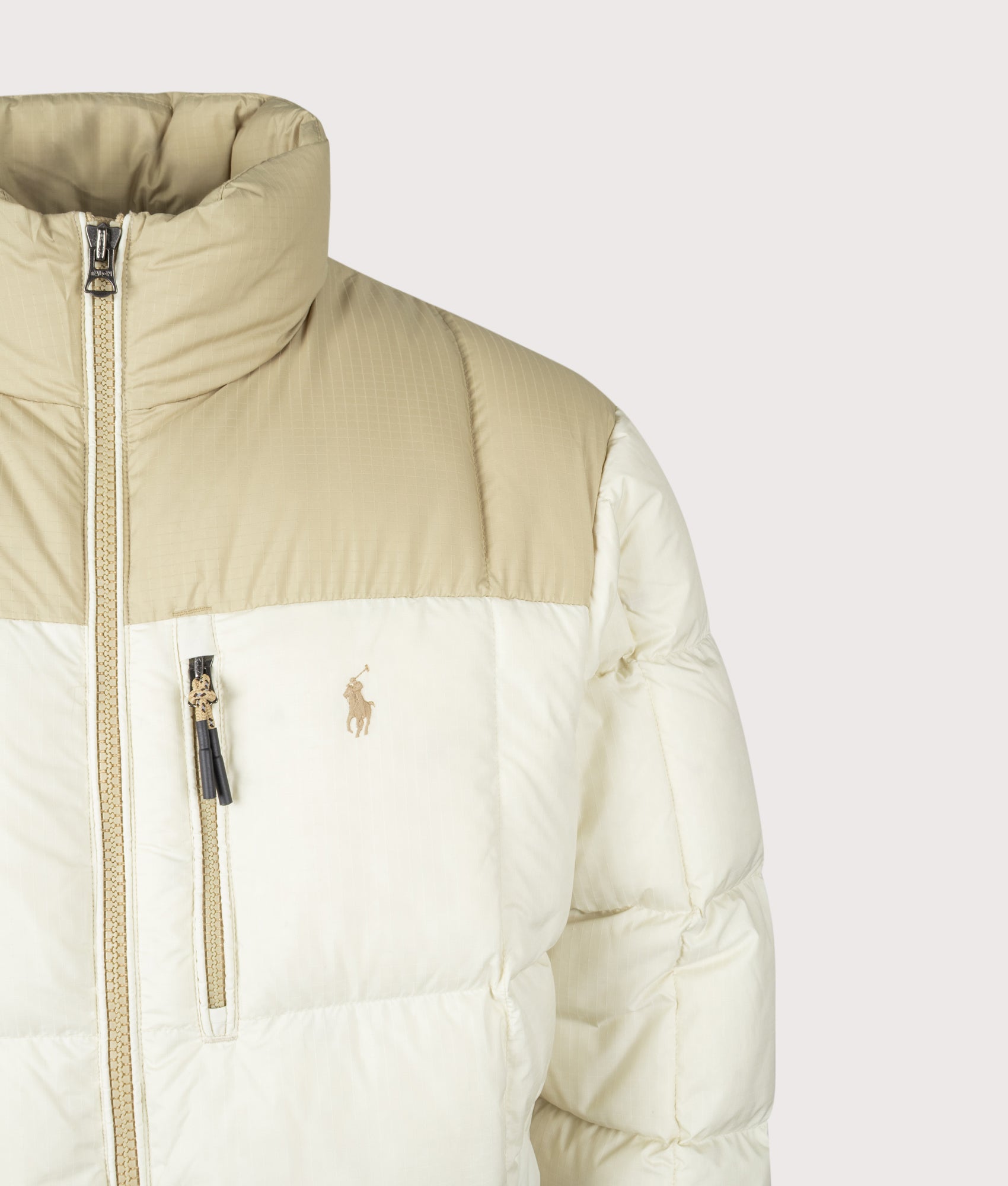 Gorham Down Jacket in Classic Tan/Andover Cream | Polo Ralph Lauren | EQVVS | Front detail shot 