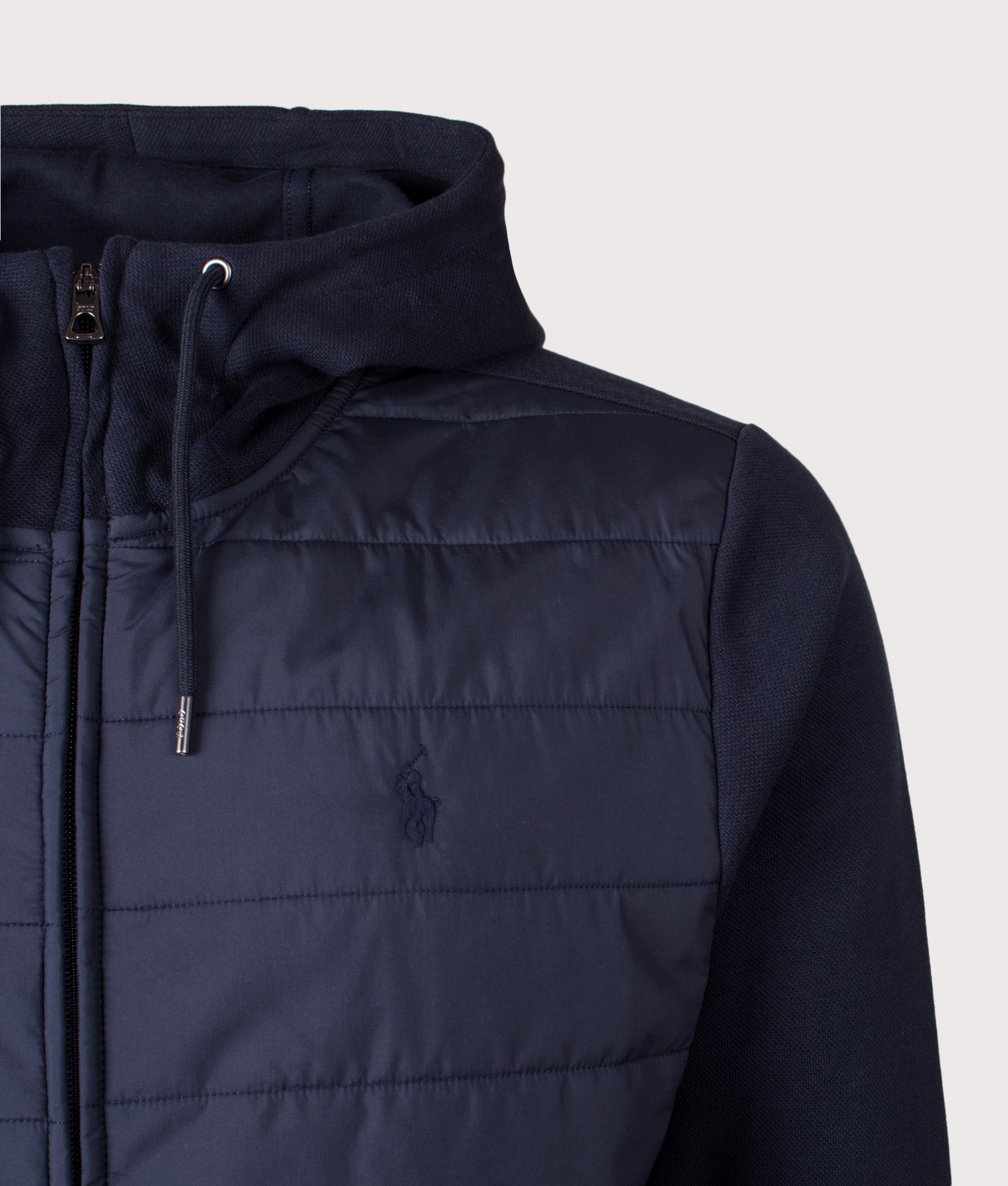 Polo Ralph Lauren Hybrid Jacket in Aviator Navy at EQVVS Menswear. Detail shot.