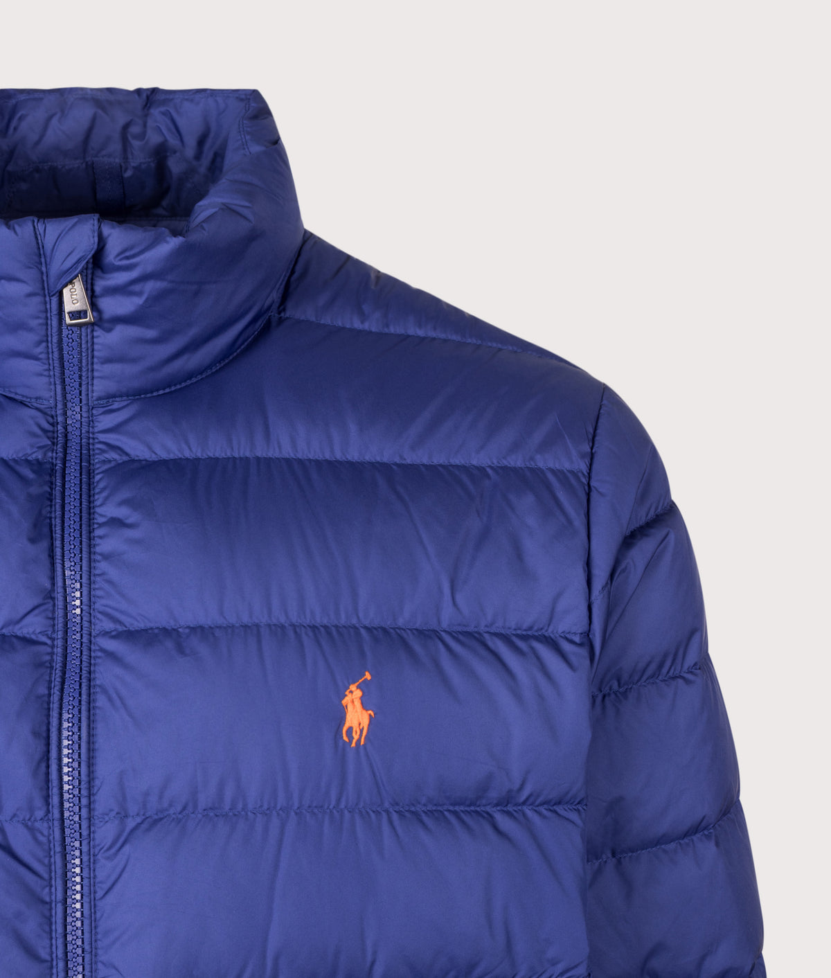 Polo Ralph Lauren The Colden Packable Down Jacket in Blue Yacht at EQVVS Menswear. Detail shot.