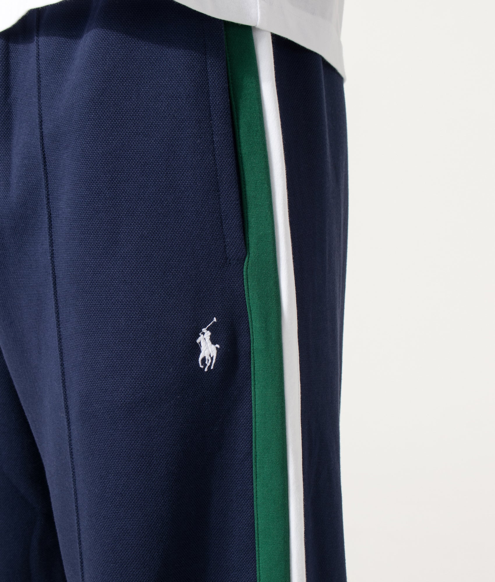Polo Ralph Lauren Open Bottom Joggers in Newport Navy at EQVVS Menswear. Detail shot.