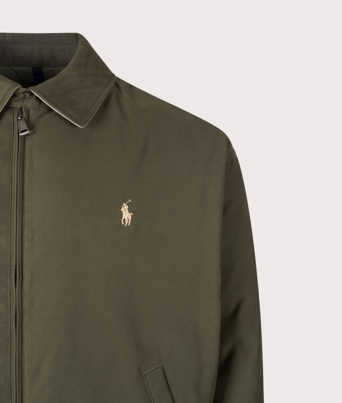 Polo Ralph Lauren The Polo Down Jacket in Company Olive at EQVVS Menswear. Detail shot.