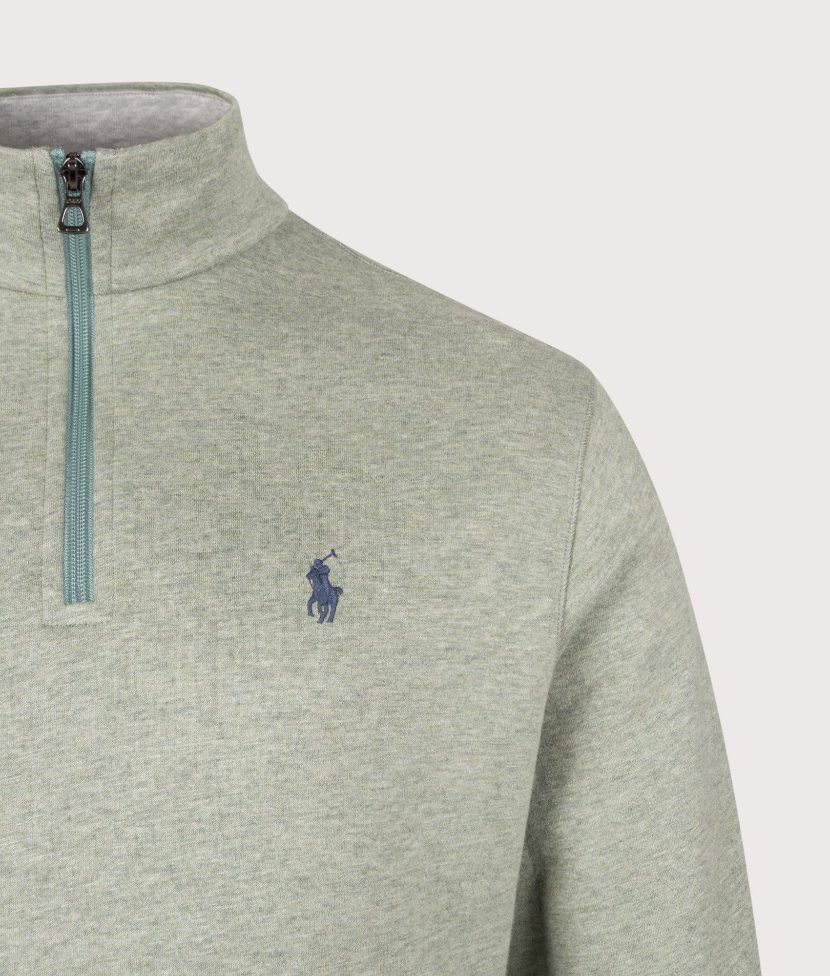 Polo Ralph Lauren Quarter Zip Sweatshirt in Greenery Heather at EQVVS Menswear. Detail shot.