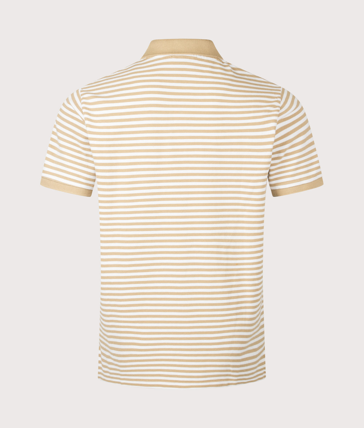 Polo Ralph Lauren Custom Slim Fit Striped Mesh Polo Shirt in Vintage Khaki and White at EQVVS Menswear. Back shot.