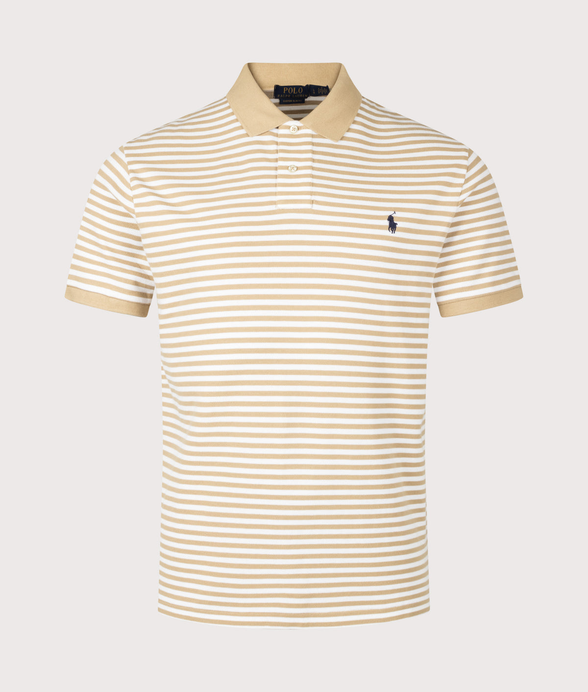 Polo Ralph Lauren Custom Slim Fit Striped Mesh Polo Shirt in Vintage Khaki and White at EQVVS Menswear. Front shot.