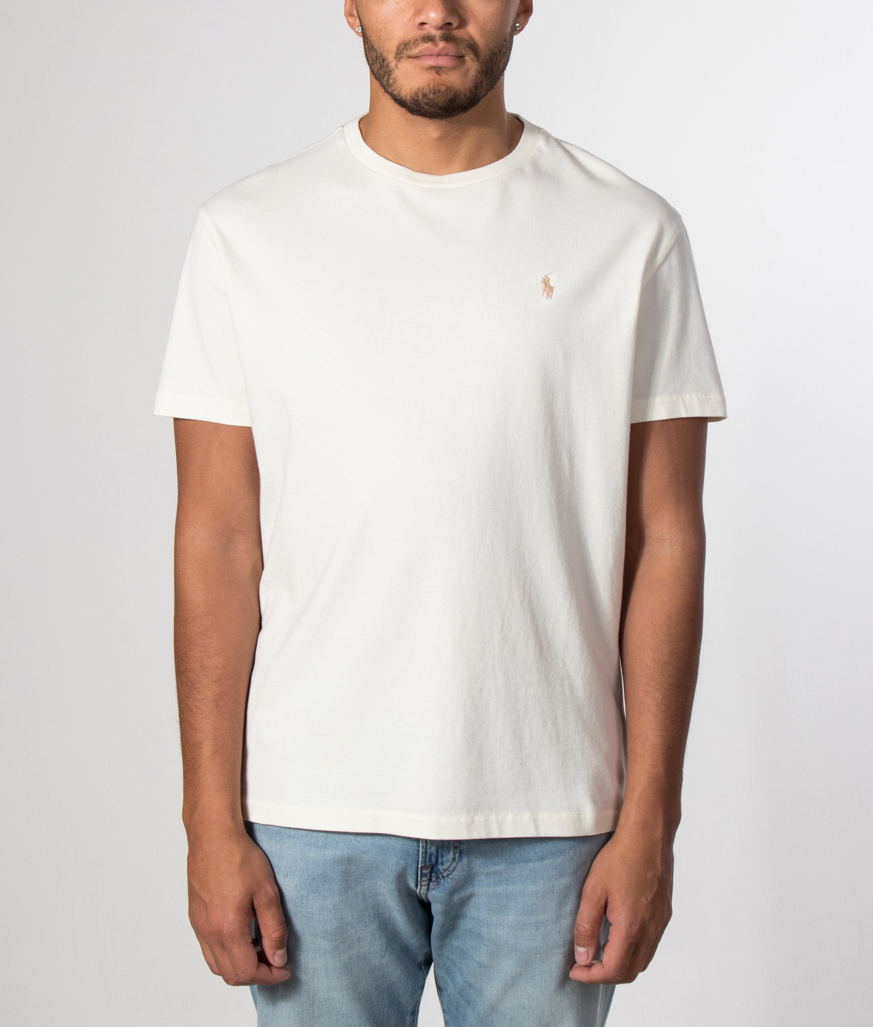 Polo Ralph Lauren Classic Fit Jersey T-Shirt in Clubhouse Cream at EQVVS Menswear. Model front shot.