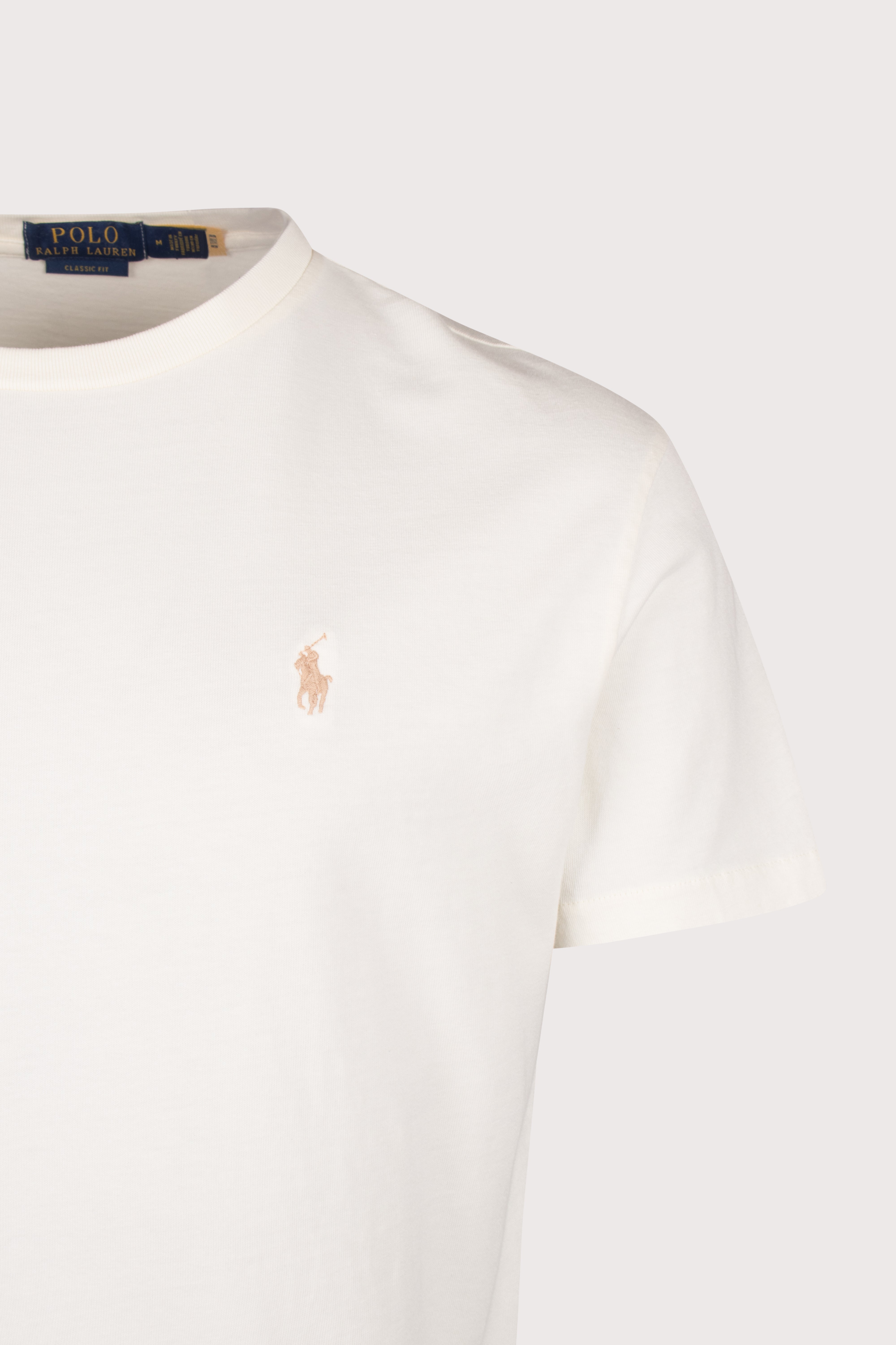 Polo Ralph Lauren Classic Fit Jersey T-Shirt in Clubhouse Cream at EQVVS Menswear. Detail shot.