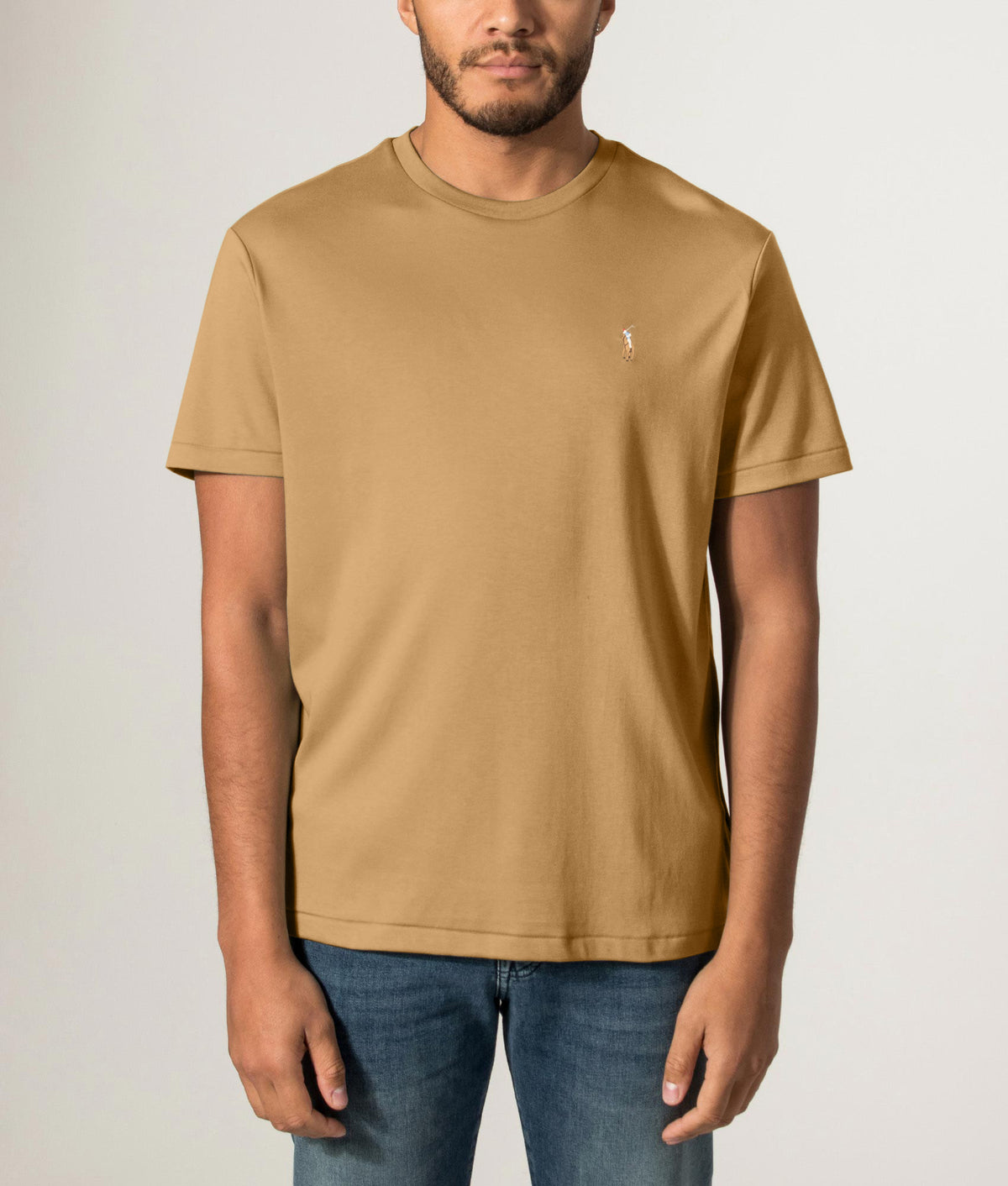 Polo Ralph Lauren Custom Slim Fit Pima T-Shirt in Cafe Brown at EQVVS Menswear. Front model shot.