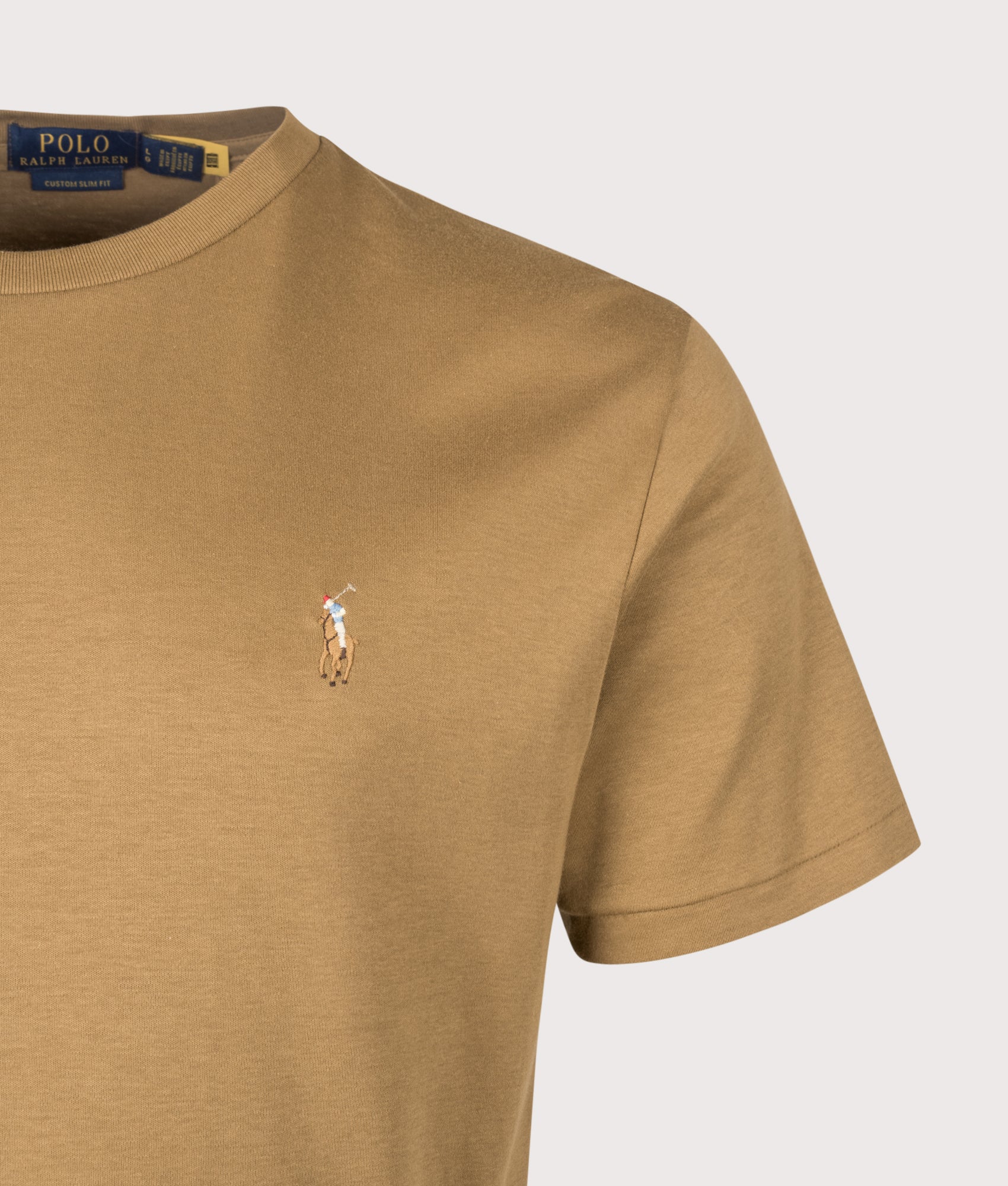Polo Ralph Lauren Custom Slim Fit Pima T-Shirt in Cafe Brown at EQVVS Menswear. Detail shot.