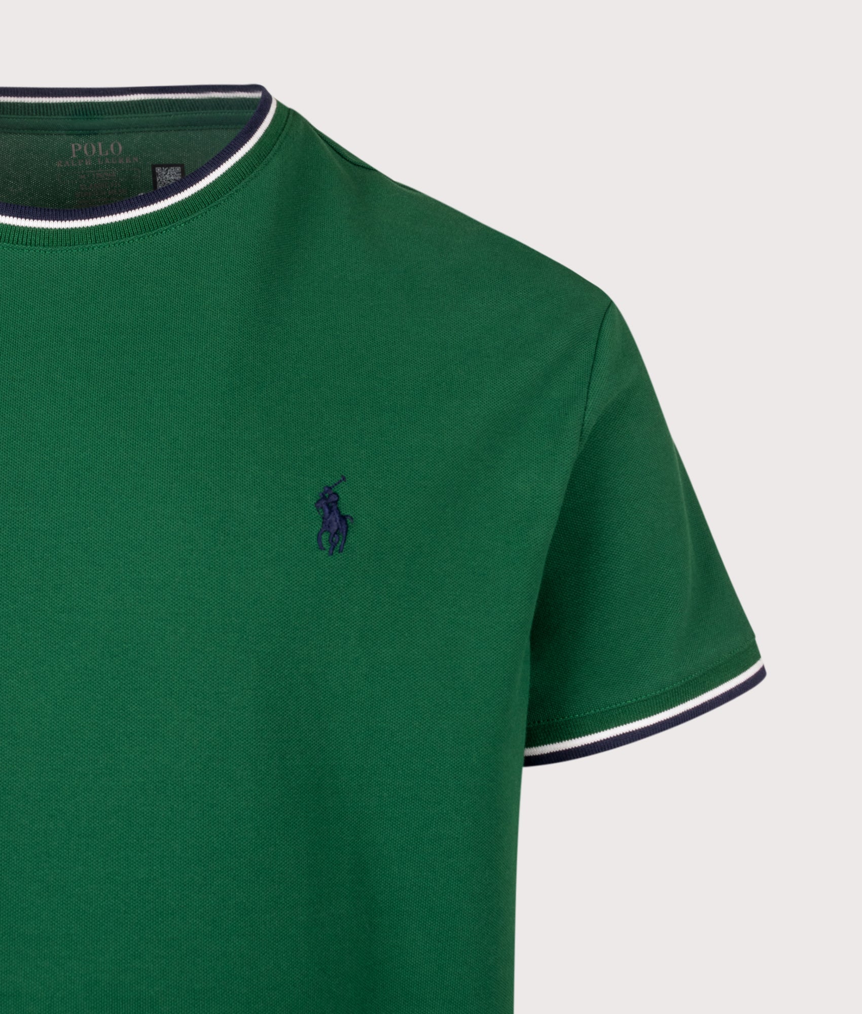 Polo Ralph Lauren Classic Fit Stretch Mesh T-Shirt in New Forest at EQVVS Menswear. Detail shot.