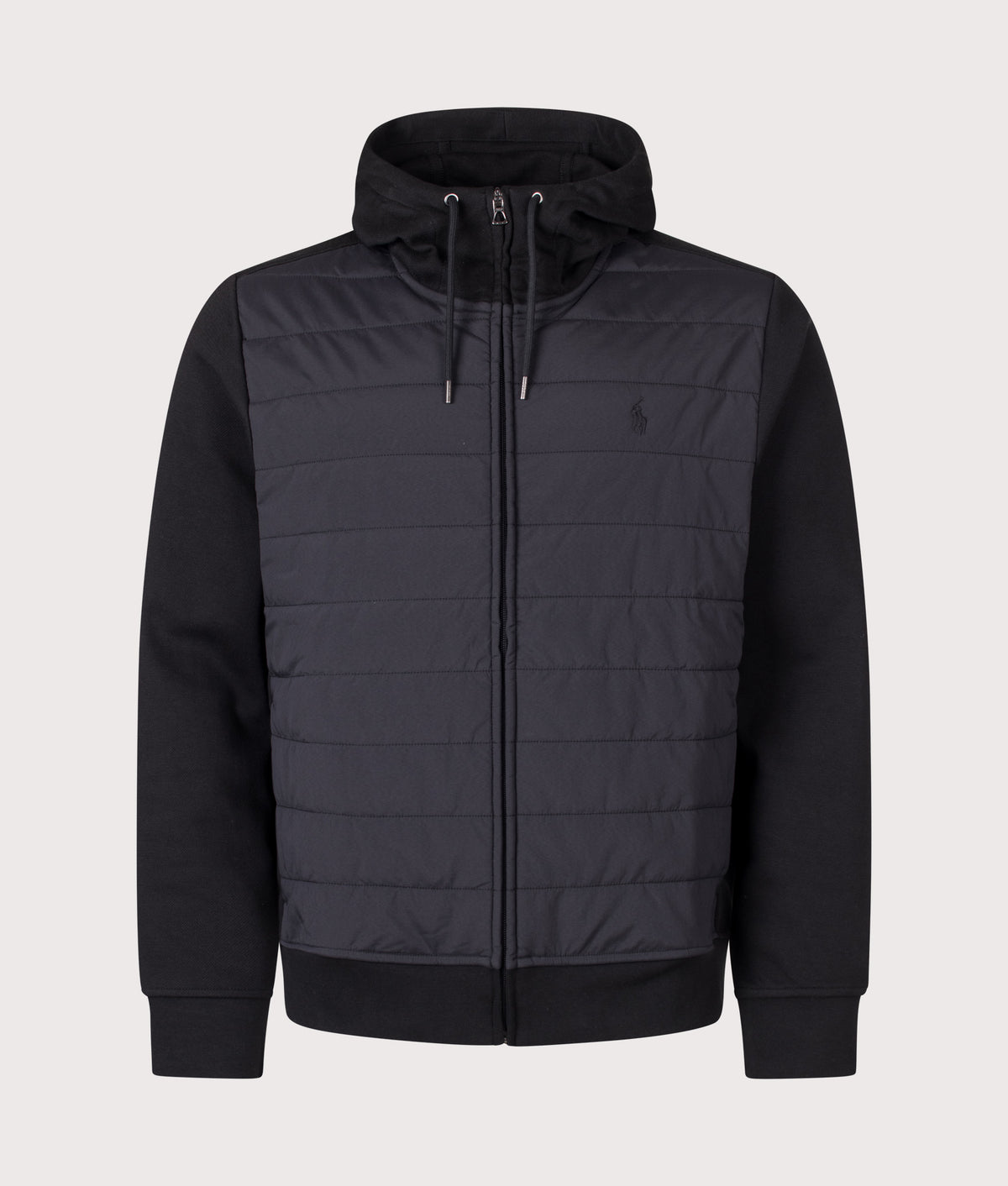 Polo Ralph Lauren Double Knit Jacquard Zip Through Hoodie in Polo Black at EQVVS Menswear. Front shot.
