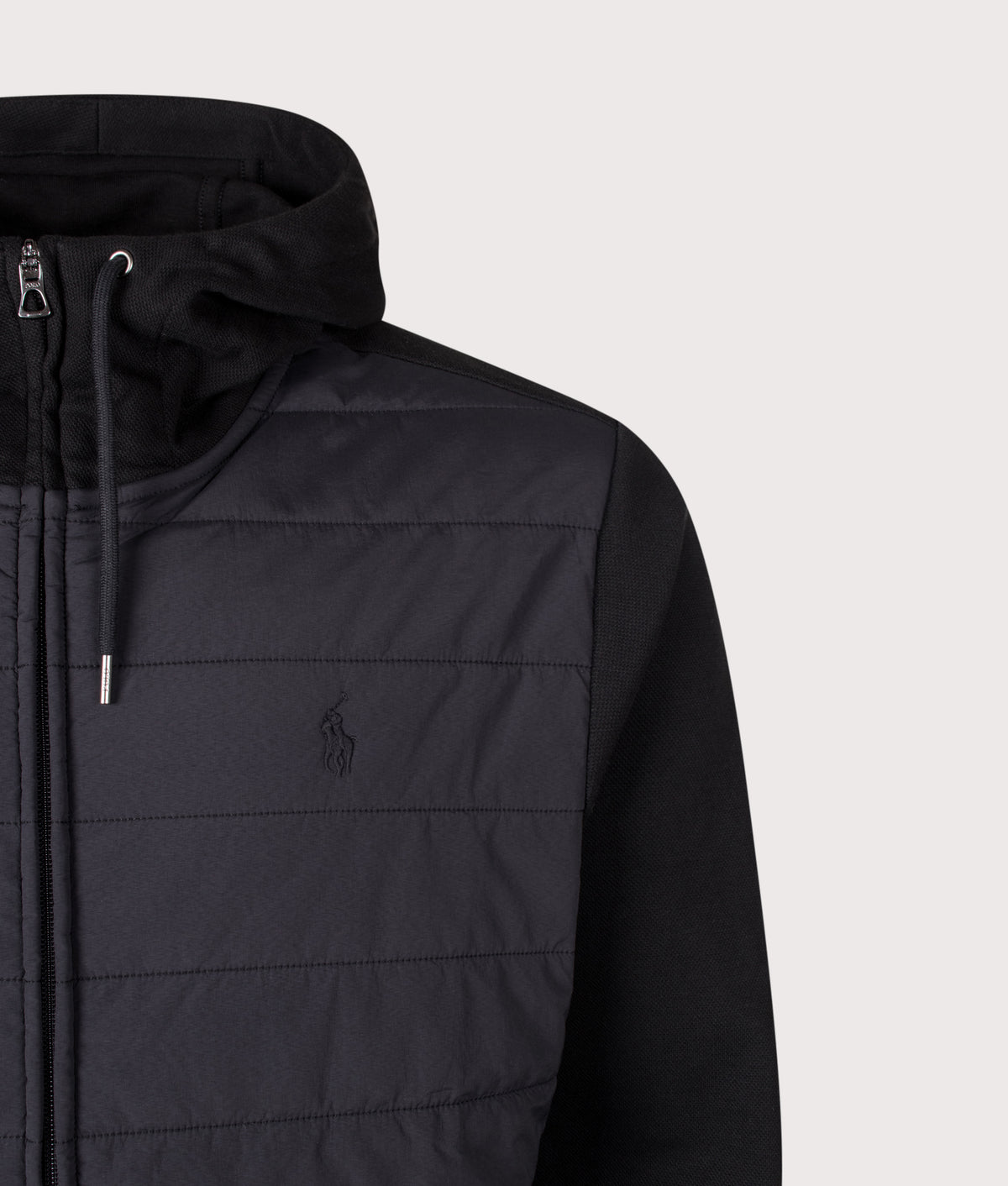 Polo Ralph Lauren Double Knit Jacquard Zip Through Hoodie in Polo Black at EQVVS Menswear. Detail shot.