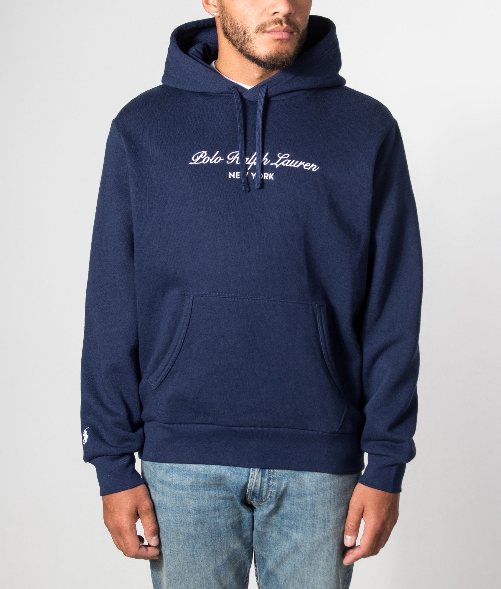 Polo Ralph Lauren Logo Fleece Hoodie in Newport Navy at EQVVS Menswear. Model front shot.