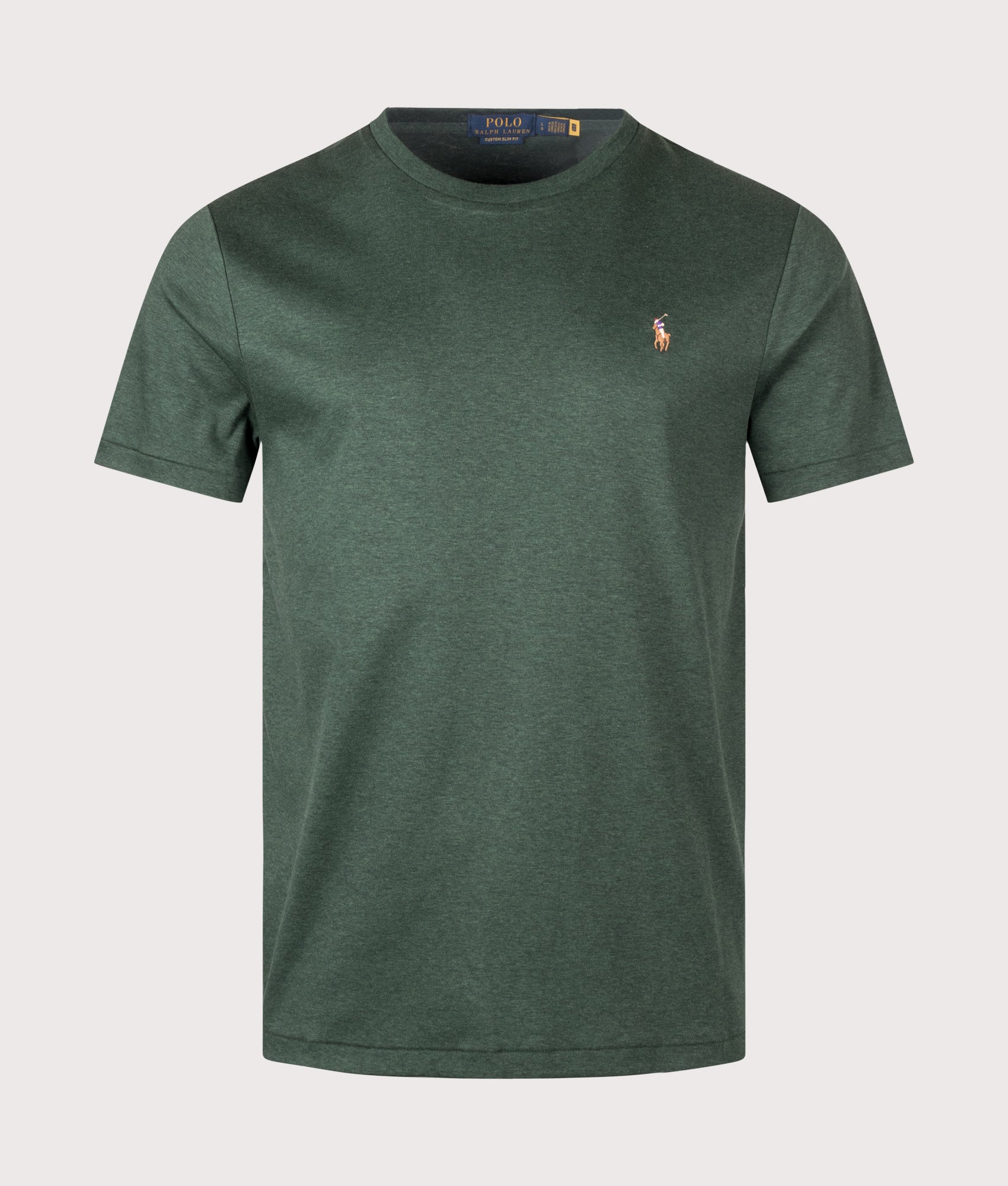 Polo Ralph Lauren Custom Slim Fit Pima T-Shirt arrives in Scotch Pine Heather at EQVVS Menswear. Front shot.