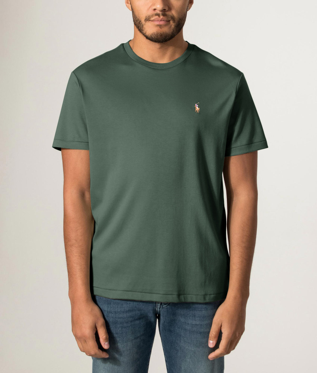 Polo Ralph Lauren Custom Slim Fit Pima T-Shirt arrives in Scotch Pine Heather at EQVVS Menswear. Front model shot.