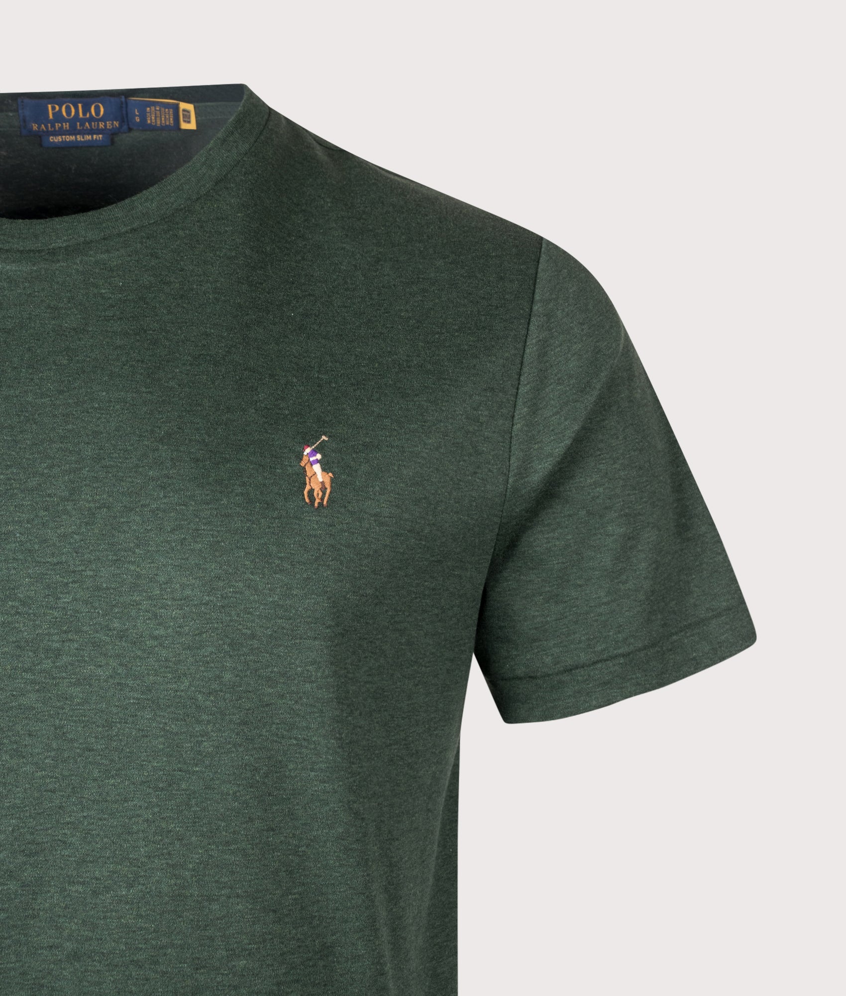 Polo Ralph Lauren Custom Slim Fit Pima T-Shirt arrives in Scotch Pine Heather at EQVVS Menswear. Detail shot.