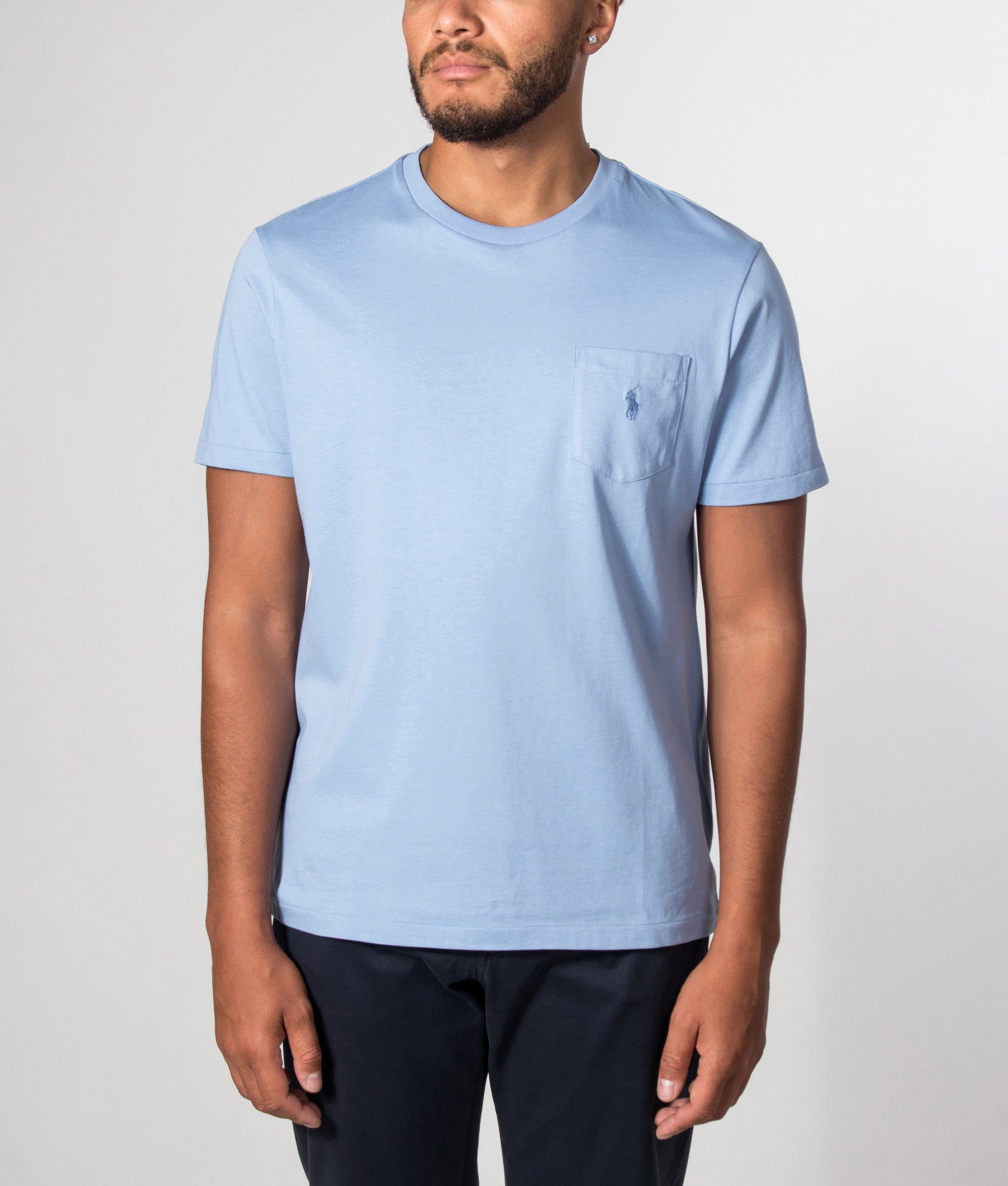 Polo Ralph Lauren Custom Slim Fit Pocket T-Shirt in Chambray Blue at EQVVS Menswear.Model front shot.