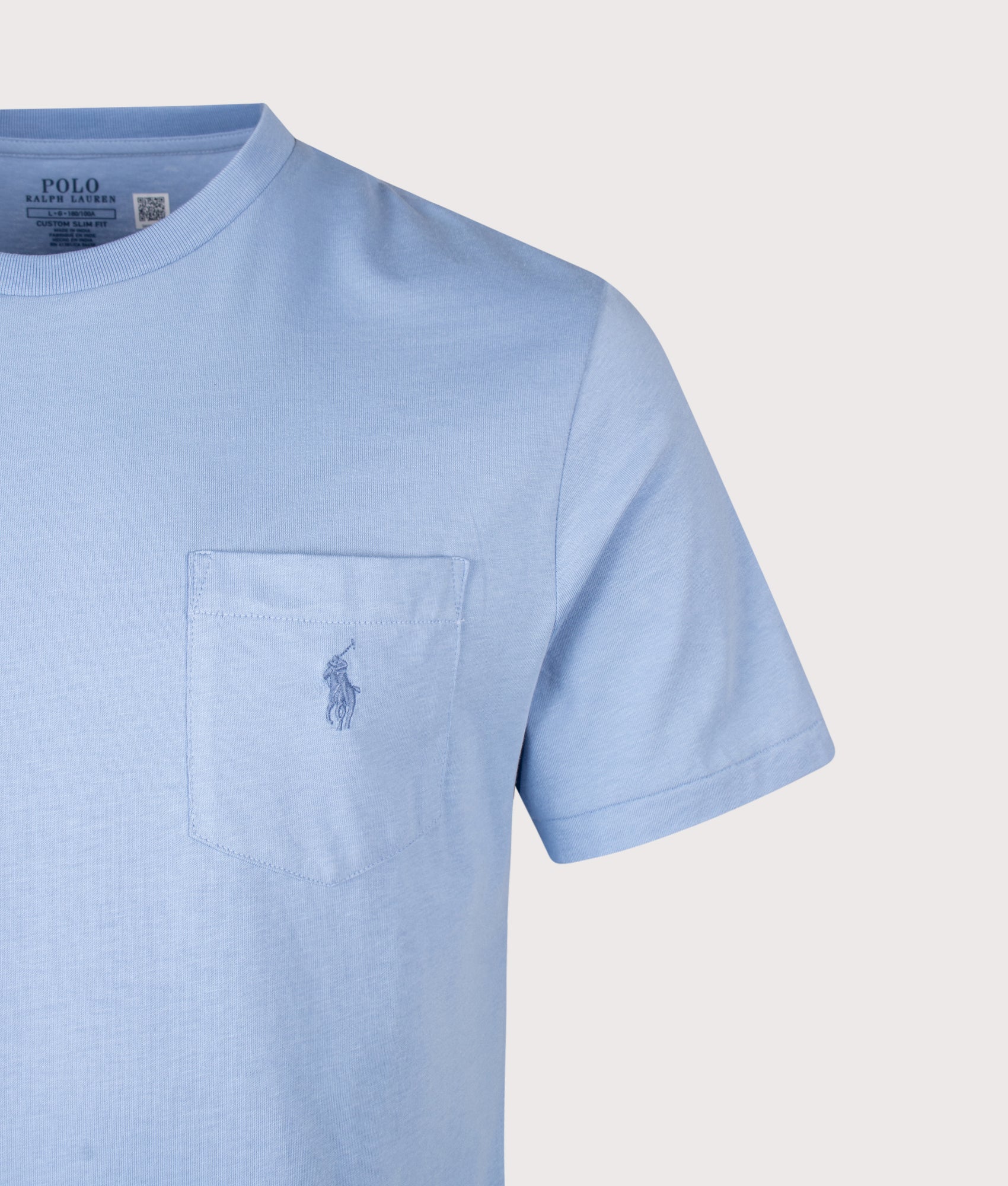 Polo Ralph Lauren Custom Slim Fit Pocket T-Shirt in Chambray Blue at EQVVS Menswear. Detail shot.