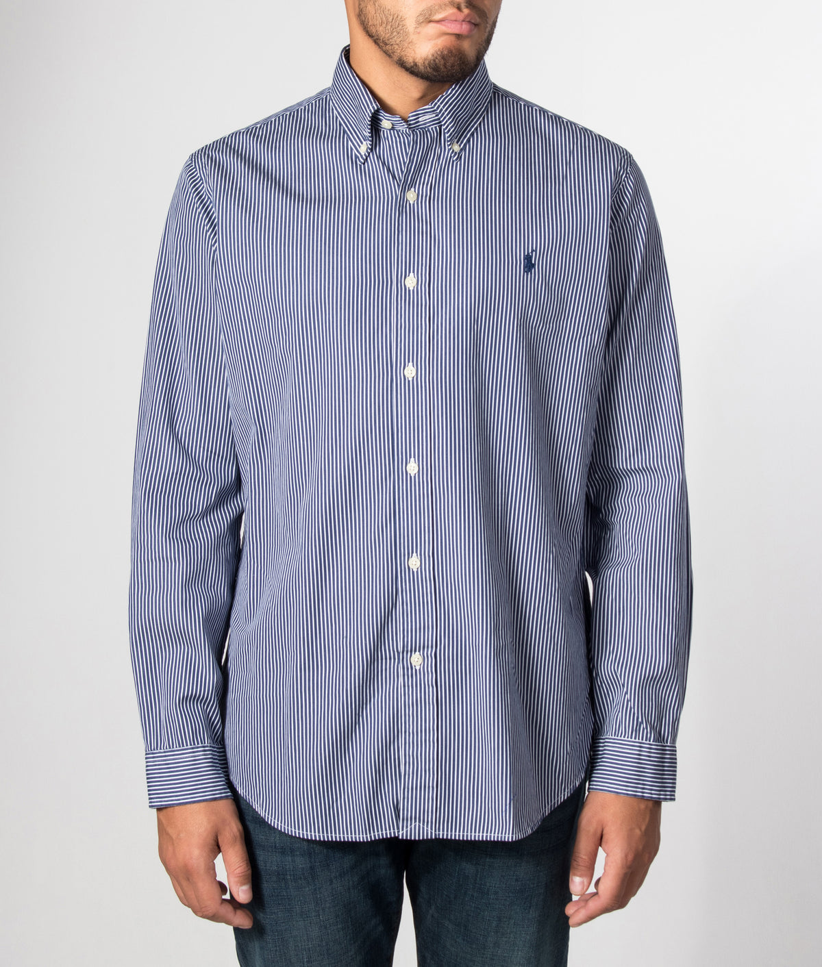 Polo Ralph Lauren Custom Fit Poplin Shirt in New Classic Navy and White at EQVVS Menswear. Model front shot.