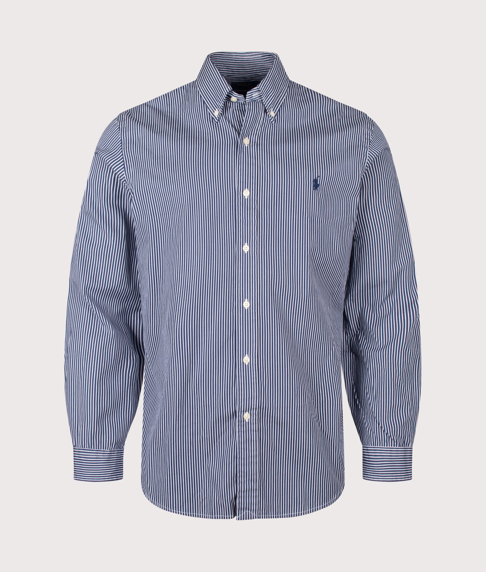 Polo Ralph Lauren Custom Fit Poplin Shirt in New Classic Navy and White at EQVVS Menswear. Front shot.