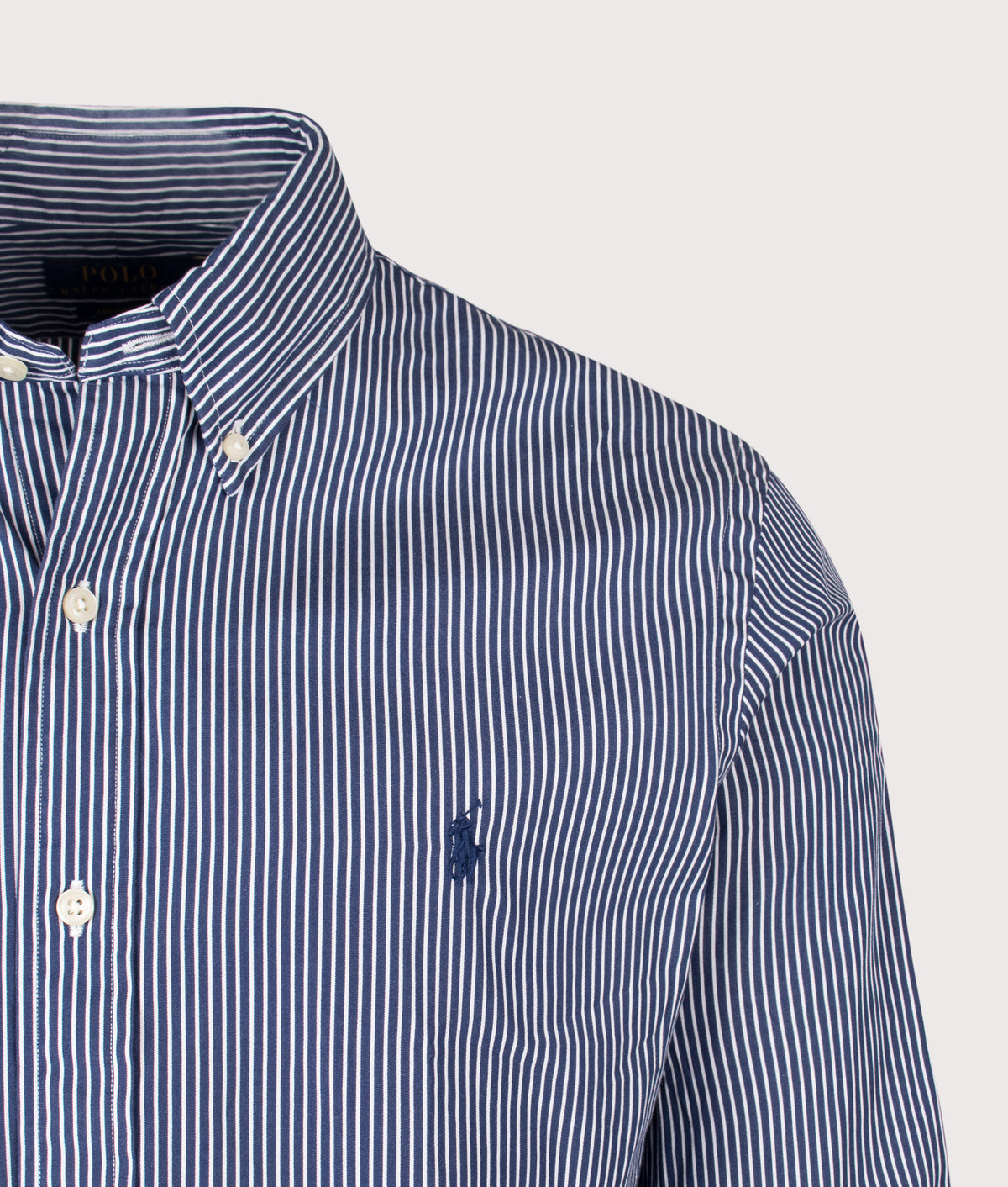Polo Ralph Lauren Custom Fit Poplin Shirt in New Classic Navy and White at EQVVS Menswear. Detail shot.