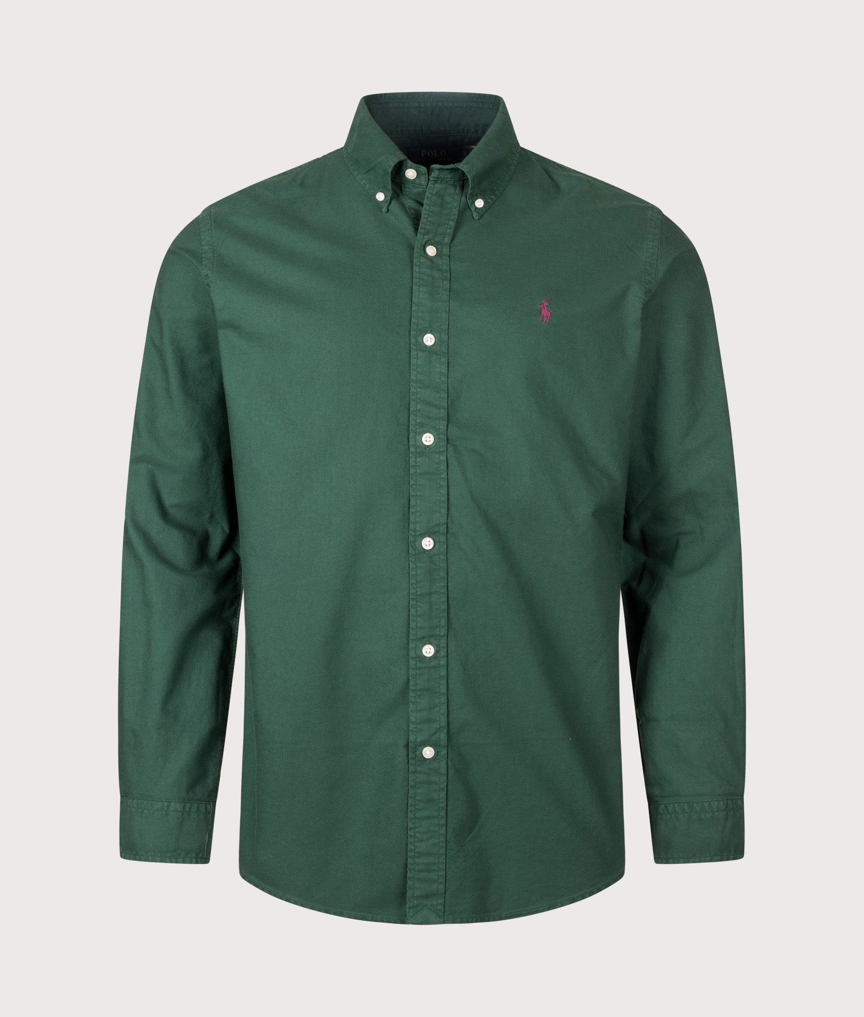 Polo Ralph Lauren Custom Fit Garment-Dyed Oxford Shirt in Moss Agate at EQVVS Menswear. Front shot.