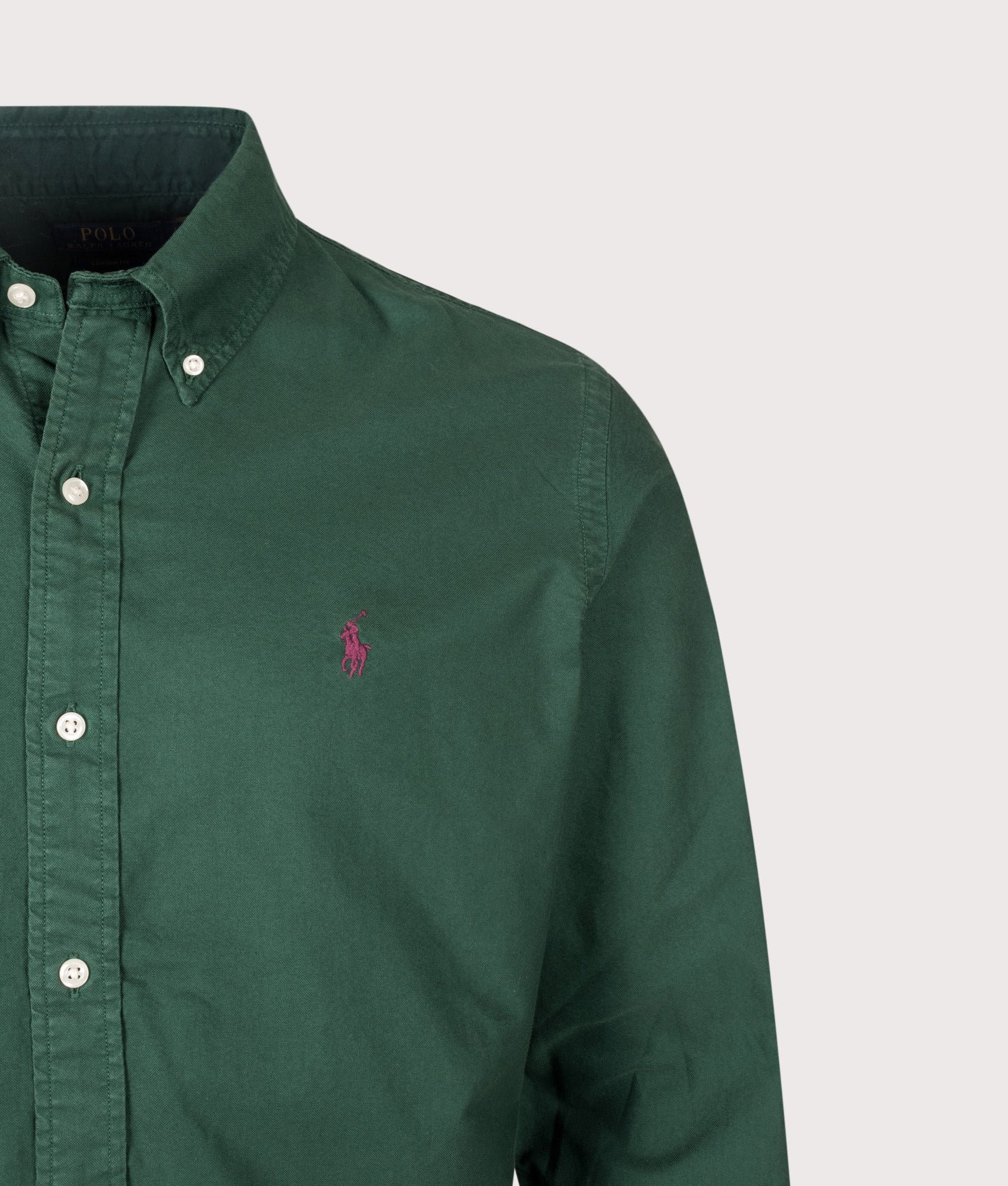 Polo Ralph Lauren Custom Fit Garment-Dyed Oxford Shirt in Moss Agate at EQVVS Menswear. Front shot.