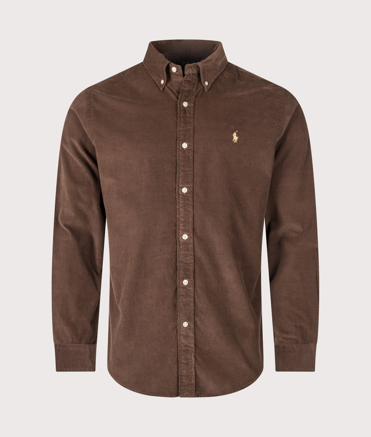 Polo Ralph Lauren Custom Fit Corduroy Shirt in Nutmeg Brown at EQVVS Menswear. Front shot.